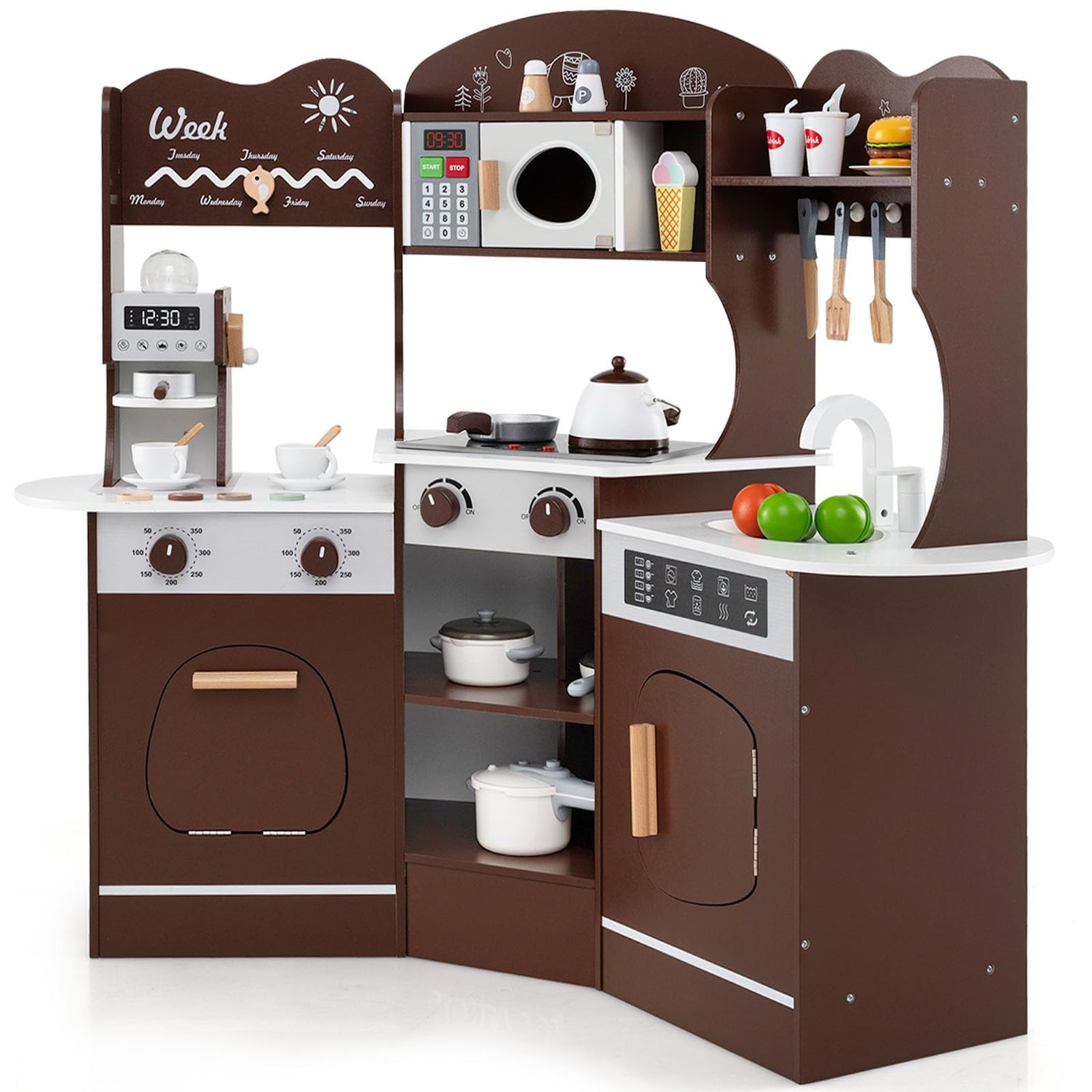 GYMAX Kids Wooden Corner Kitchen Pretend Toy Kitchen Playset for 3+ Years Old