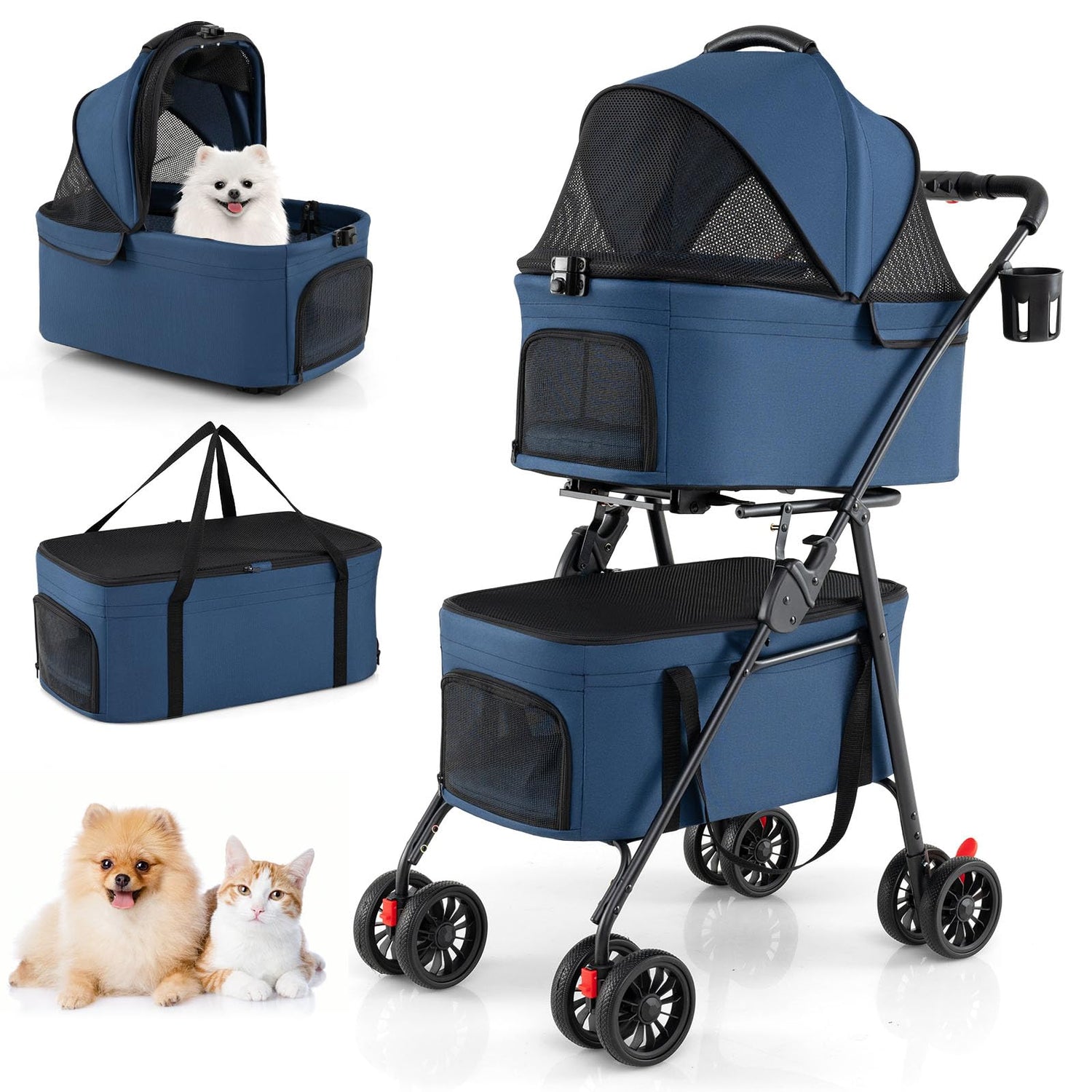 Double Pet Stroller, 4 Wheels Foldable Dog Pushchair Cat Buggy with 2 Detachable Carriers