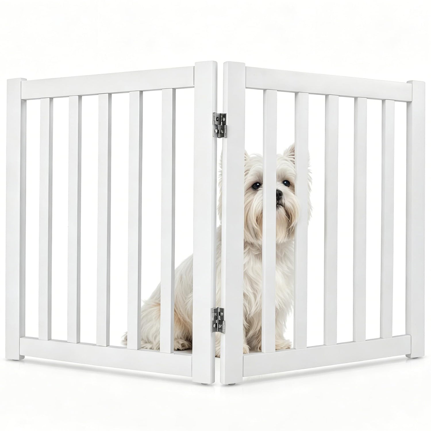 GYMAX Foldable Pet Gate, Freestanding Wooden Puppy Barrier