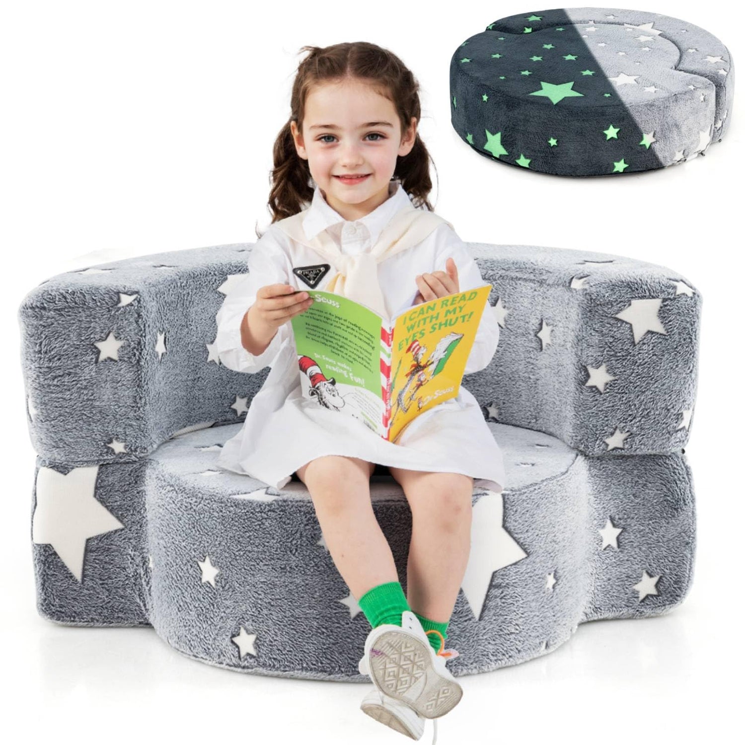 GYMAX 2 in 1 Kids Sofa Chair, Glow in the Dark Children Couch with Washable Flannel Cover