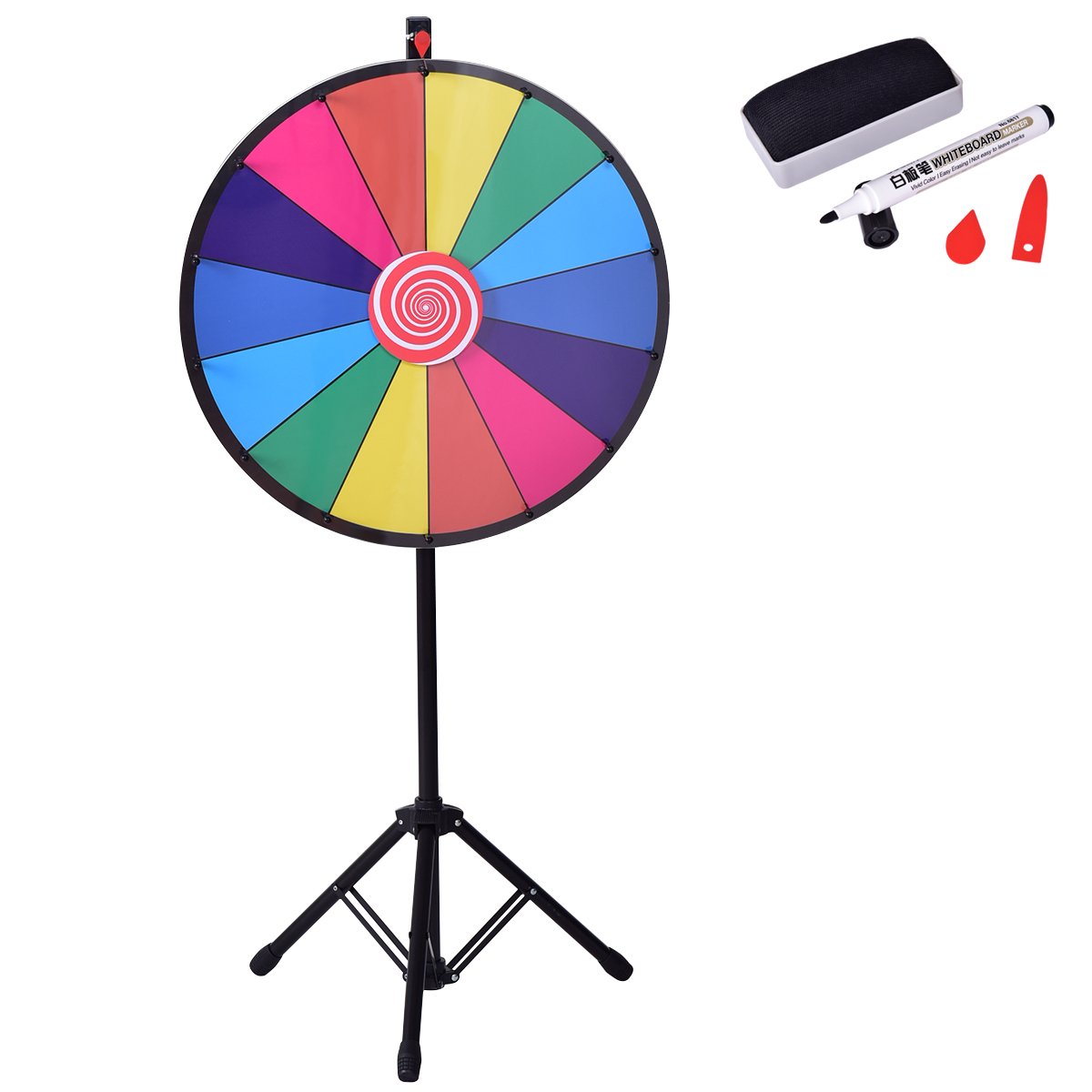 GYMAX 24" Color Prize Wheel 14 Slots Dry Eraser Trade Show Fortune Win Colorful Spin Party Pub Tradeshow Game (24" Tripod Stand)