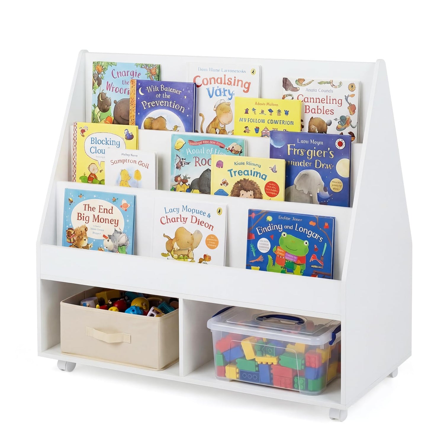 Kids Bookshelf, Double-Sided Children Bookcase with Wheels