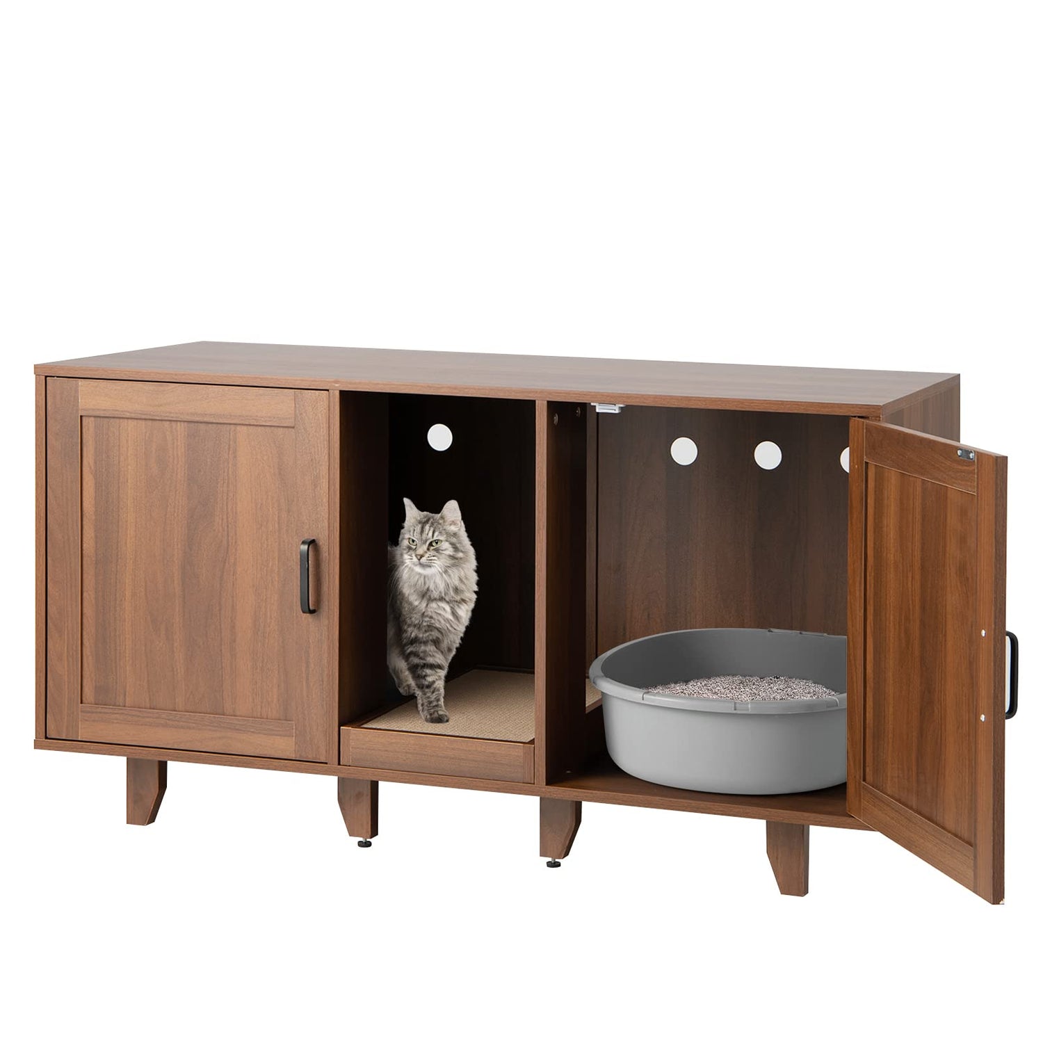 GYMAX 2-Door Cat Litter Box Enclosure, Large Stackable Hidden Privacy Kitty Washroom Furniture Cabinet