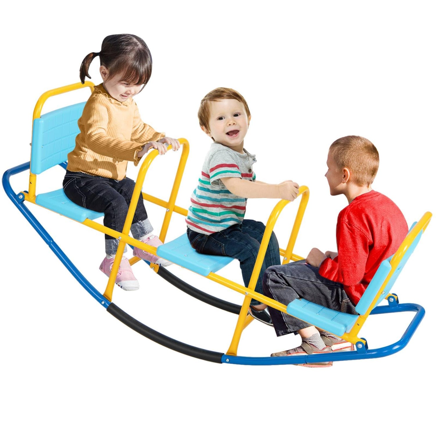GYMAX 3 Kids Seesaw, Children Metal Rocker with 3 Seats & Handlebars, Indoor Outdoor Teeter Totter for 3-8 Years Old (Yellow+Blue)