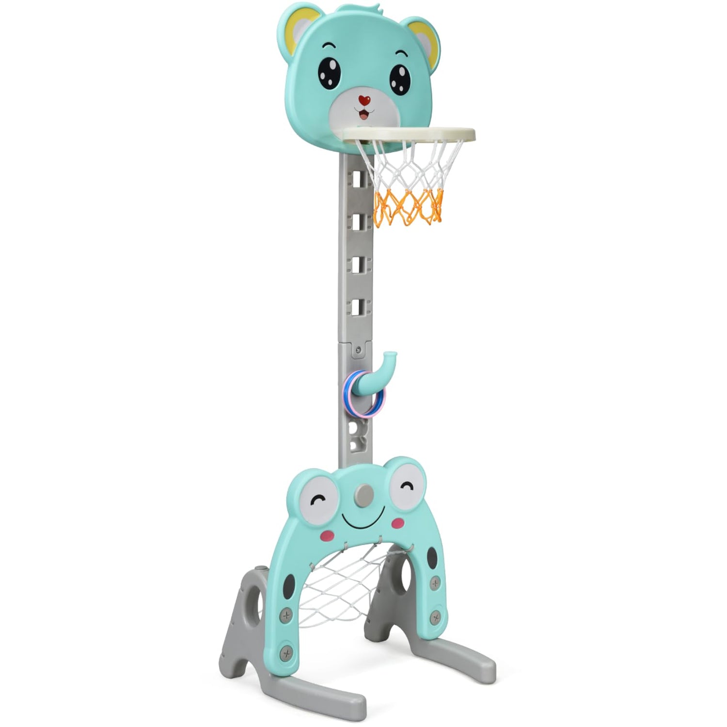 GYMAX 3-in-1 Height Adjustable Basketball Stand with Football Goal and Ring Toss