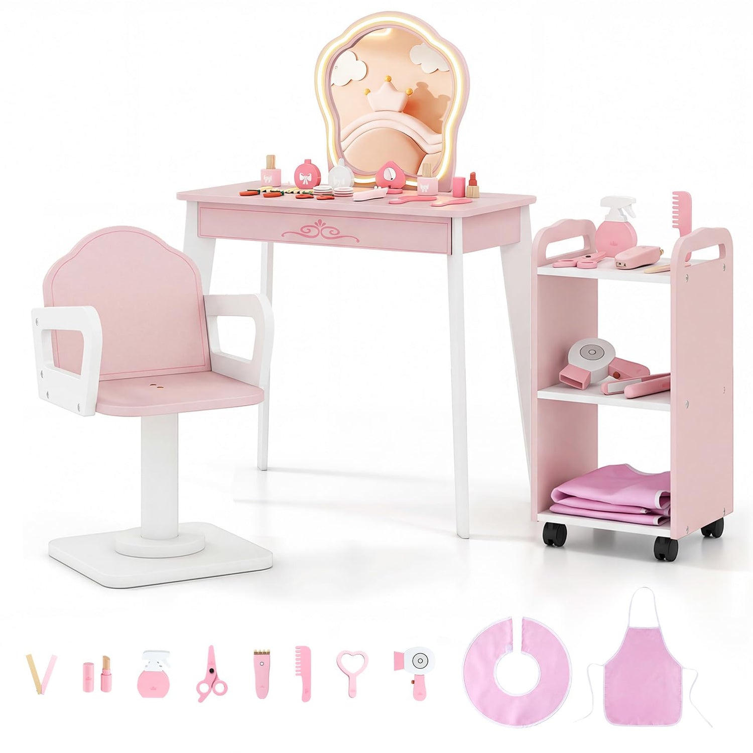 Kids Vanity Set, Girls Dressing Table with Lighted Mirror, Swivel Barber Chair