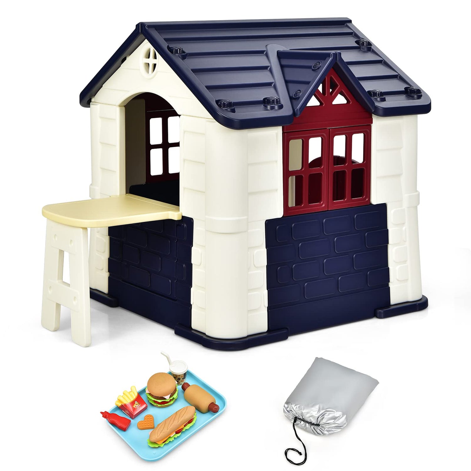 GYMAX Kids Play House, Children Plastic Playhouse with Picnic Table, Rainproof Cover, 7PCS Toy Set & Tray, Indoor Outdoor Play Cottage for 3-8 Years Old Boys Girls