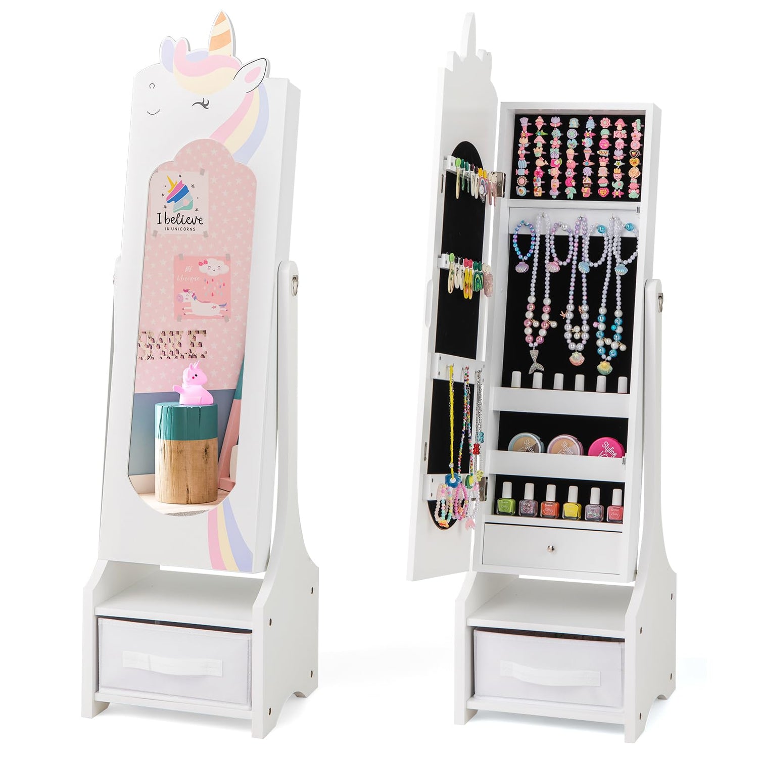 GYMAX Kids Jewelry Cabinet, Freestanding Girls Jewelry Organizer with Full-Length Mirror