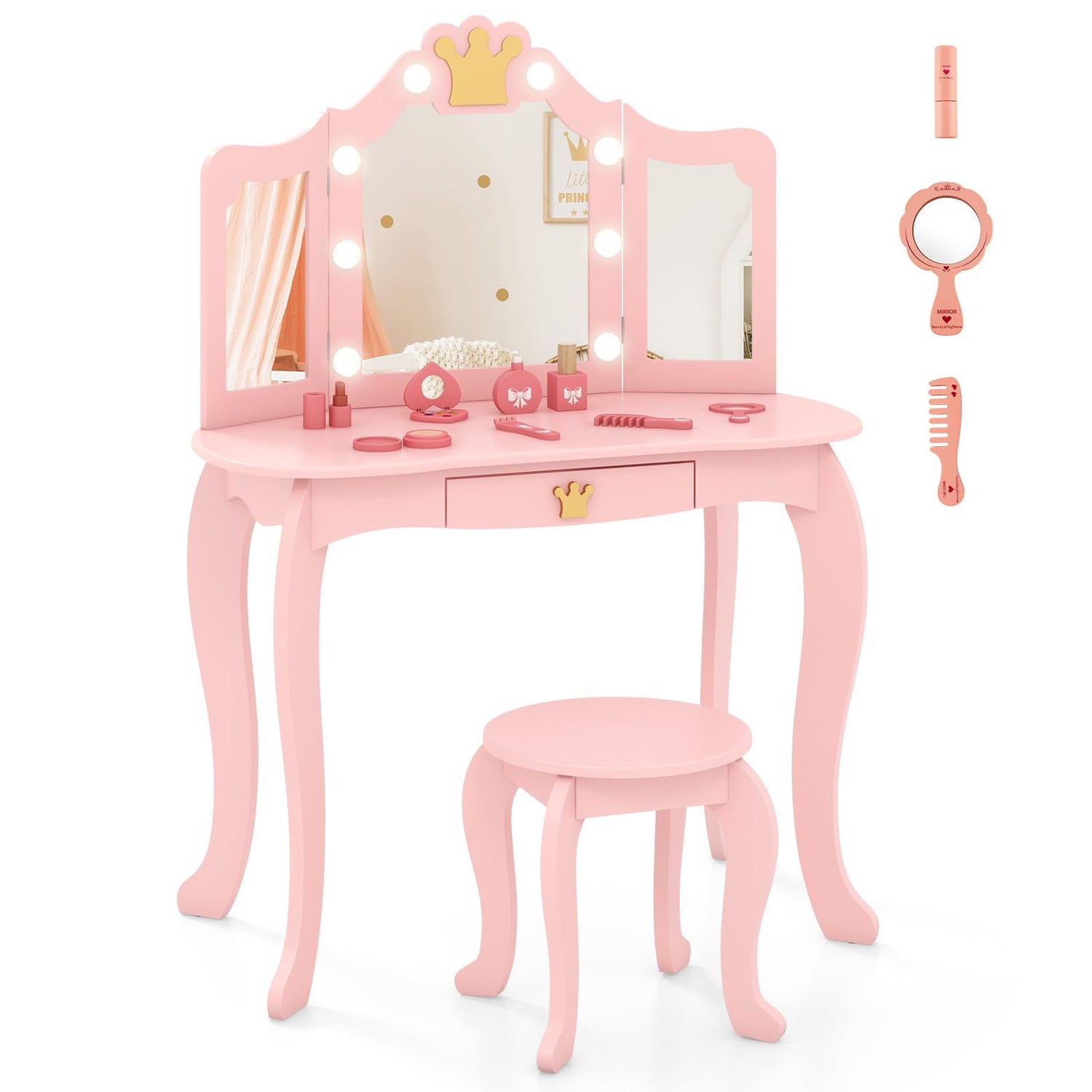 GYMAX Kids Dressing Table and Stool with 3-Color LED Lighted Tri-fold Mirror
