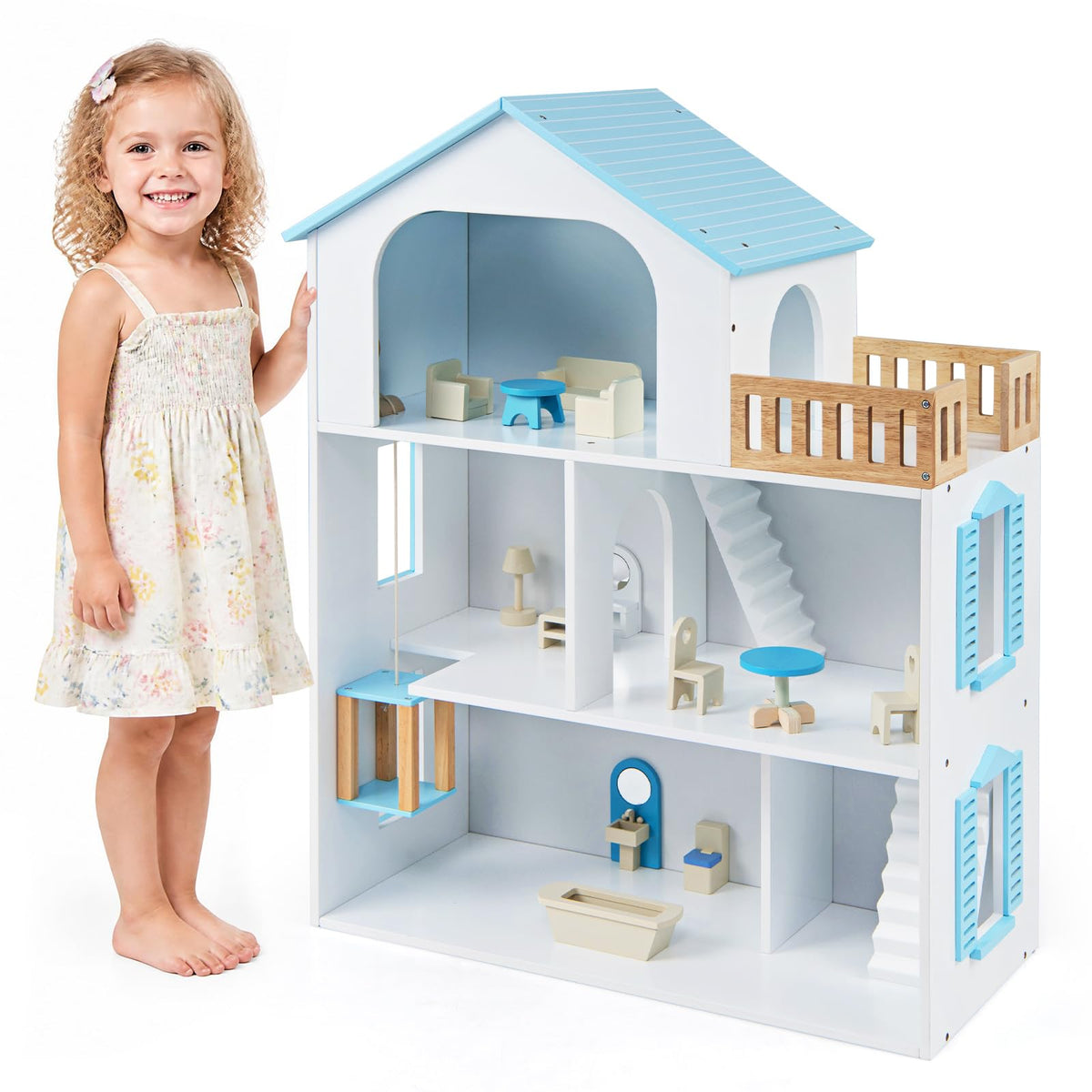 Large Kids Dollhouse, 3-Storey Wooden Doll House with 5 Rooms