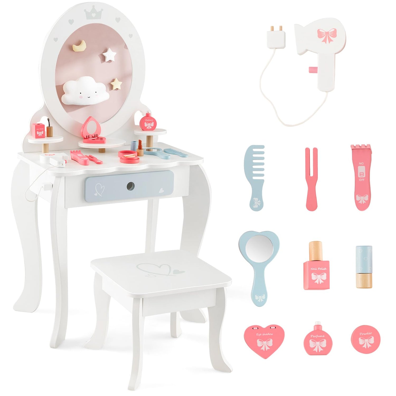 GYMAX Kids Dressing Table and Stool Set, Wooden Children Vanity Table with Drawer (Oval Shape Mirror)