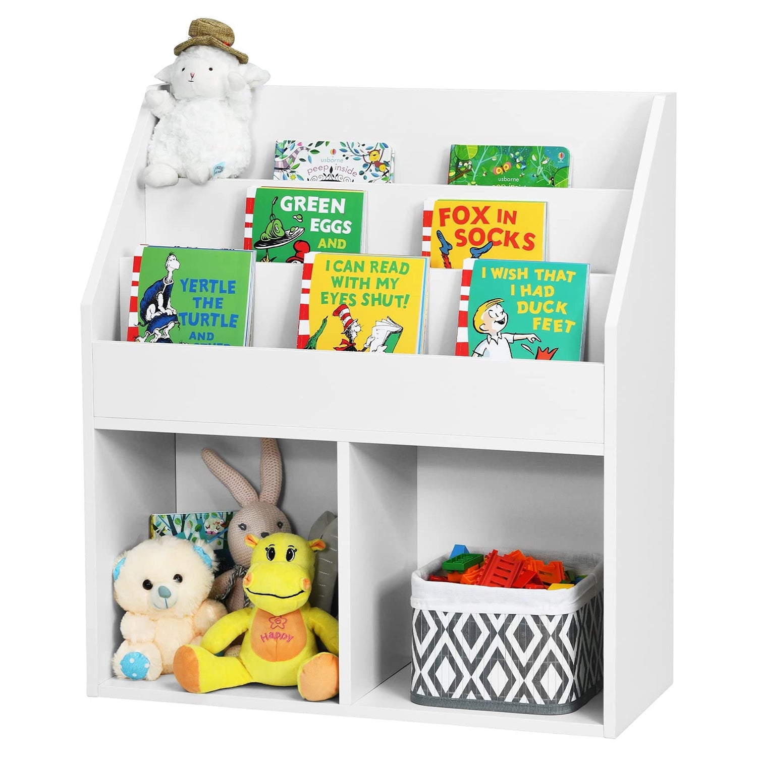 GYMAX Wooden Kids Bookshelf with 3 Tiers Shelves and 2 Compartments