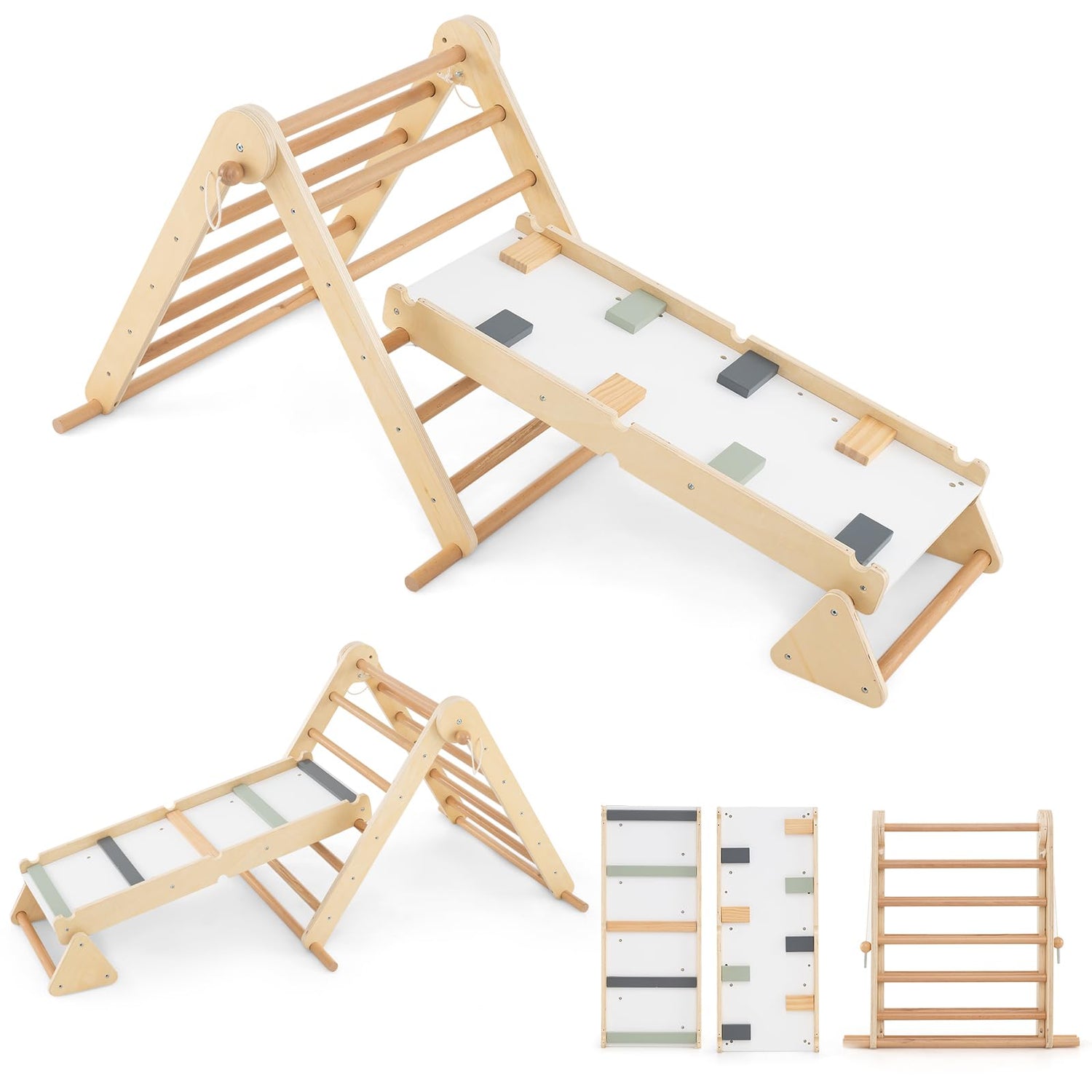 3-in-1 Pikler Triangle Climbing Set with Dual-Side Ramp and Adjustable Climbing Triangle