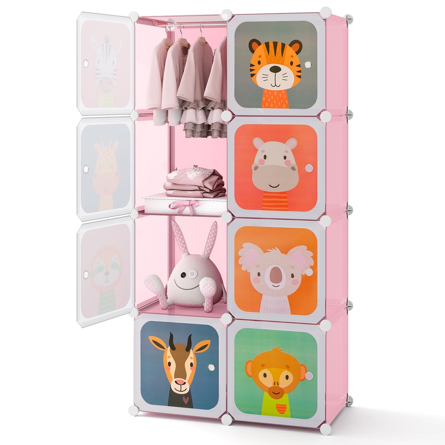 GYMAX Cartoon Clothes Closet, 8 Cubes Animal, 75 x 37 x 145cm