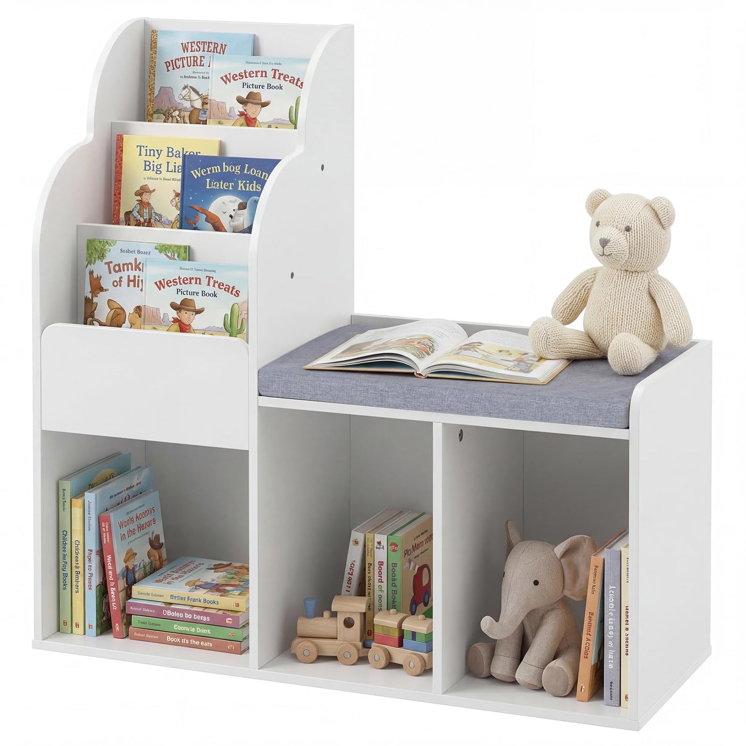 Kids Reading Nook with Bench Wooden Toddler Bookcase with 3 Storage Cubbies