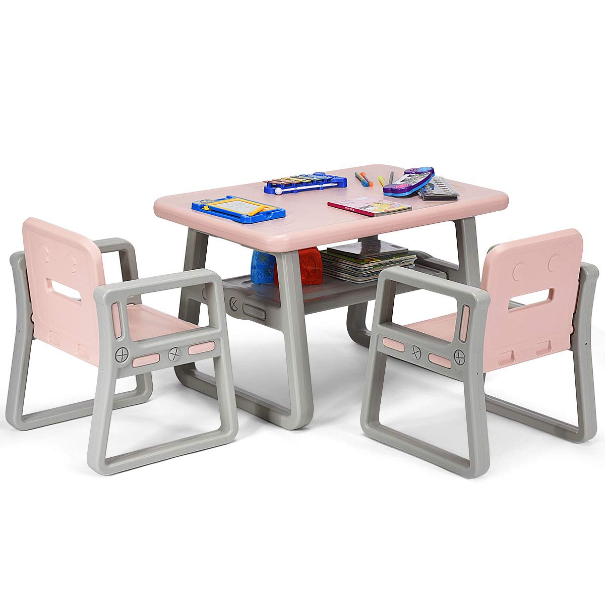 GYMAX Toddler Activity Table with 2 Chairs & Storage Shelf