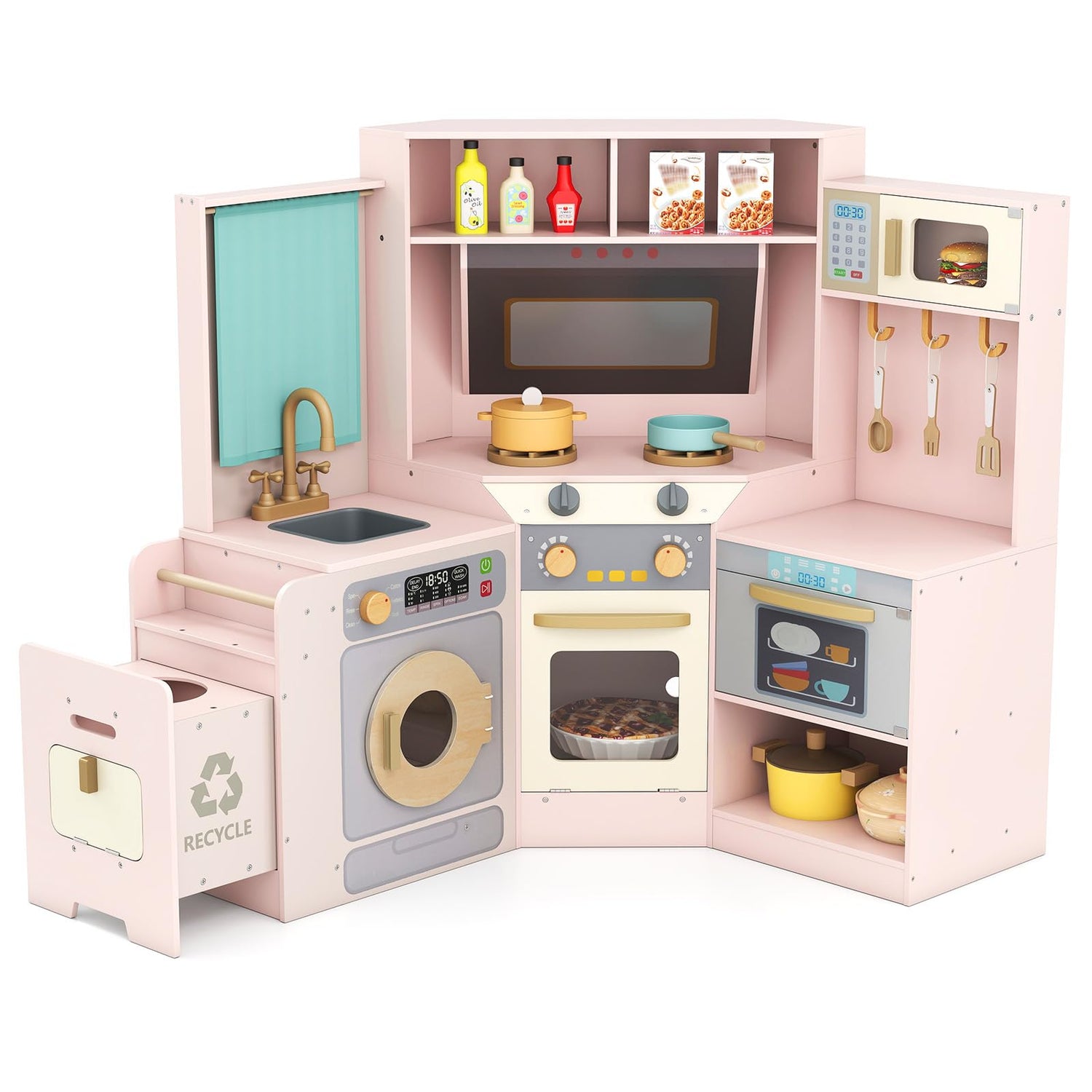 Kids Play Kitchen, Wooden Corner Pretend Kitchen with Lights & Sounds, Pull-Out Trash Can