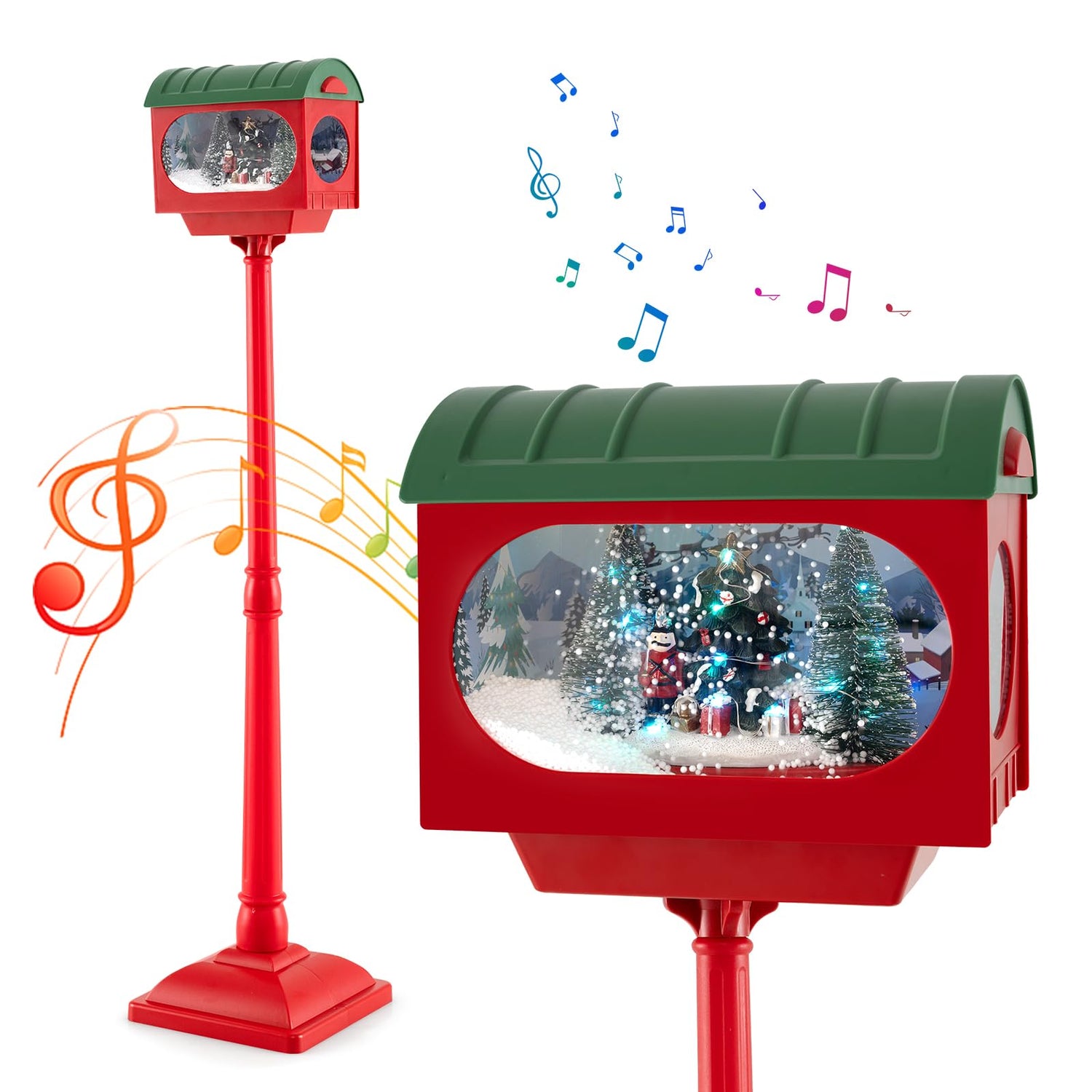 GYMAX Festive Lamp Post with Sound-Activated Snow Globe Lantern