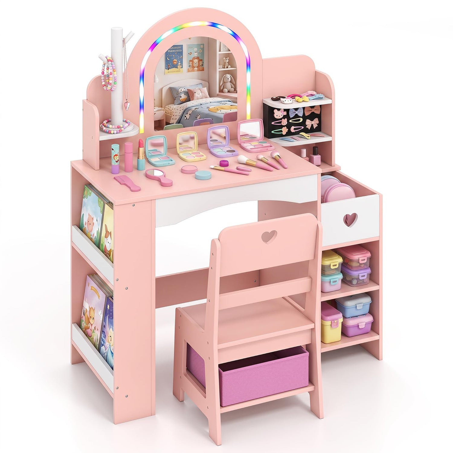 Kids Vanity Set, Girls Dressing Table with Lights Mirror