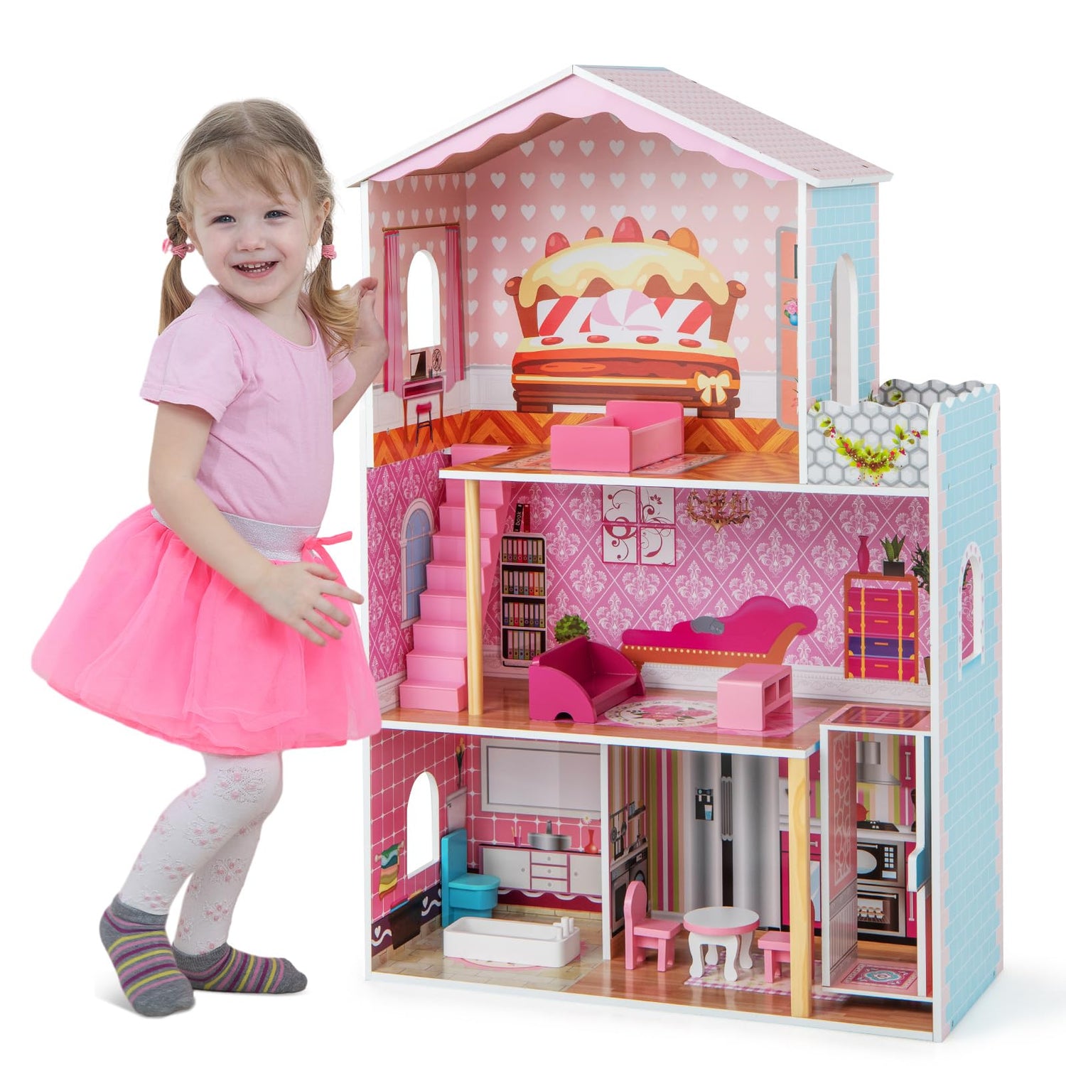 GYMAX 3 Storey Wooden Dolls House with Simulated Rooms and Accessories