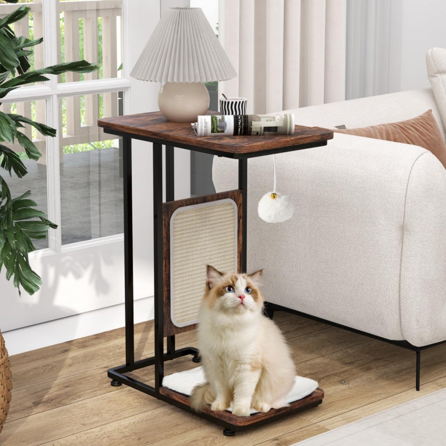 GYMAX Cat Tree End Table, C-Shaped Cat Side Table with Scratching Board
