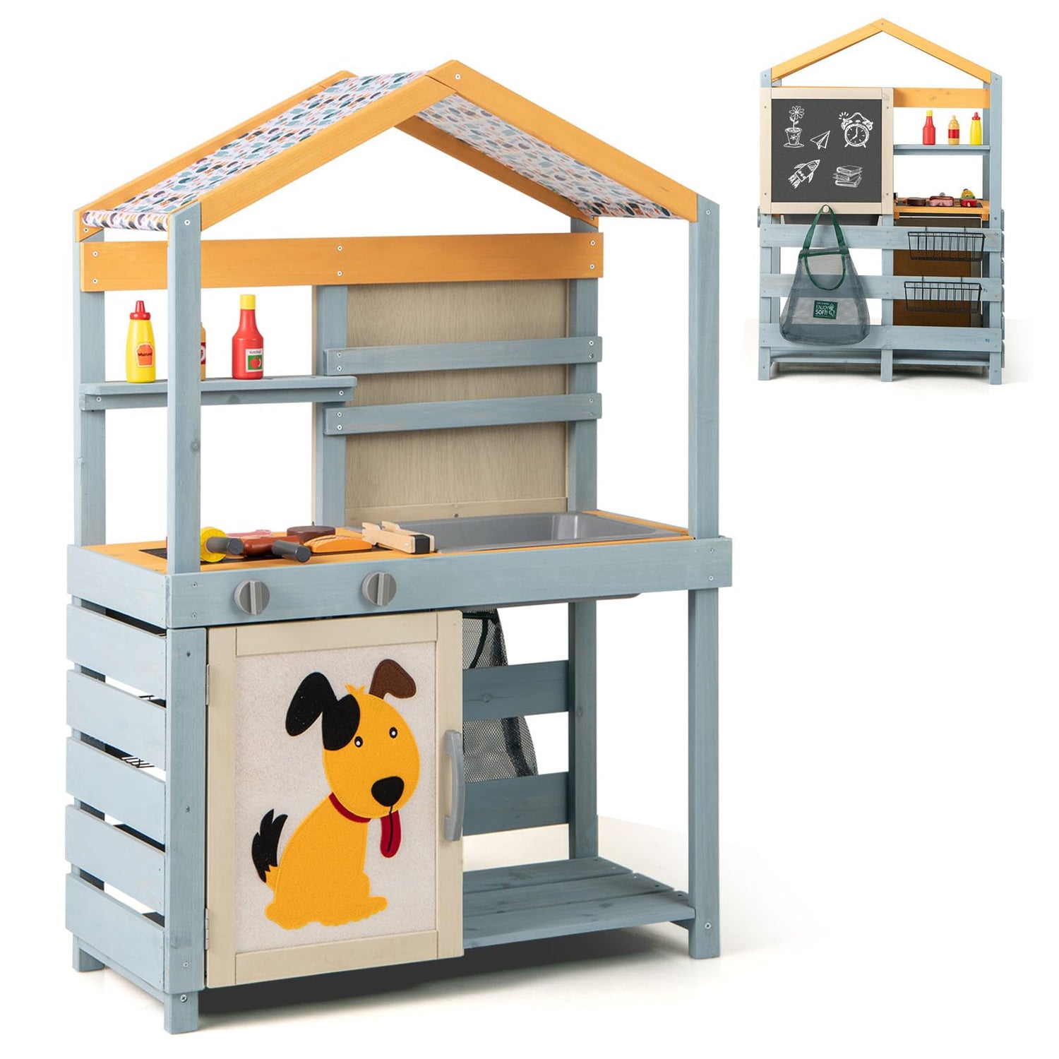 GYMAX Kids Mud Kitchen, Double-Sided Pretend Play Kitchen Grocery Store with Removable Sink