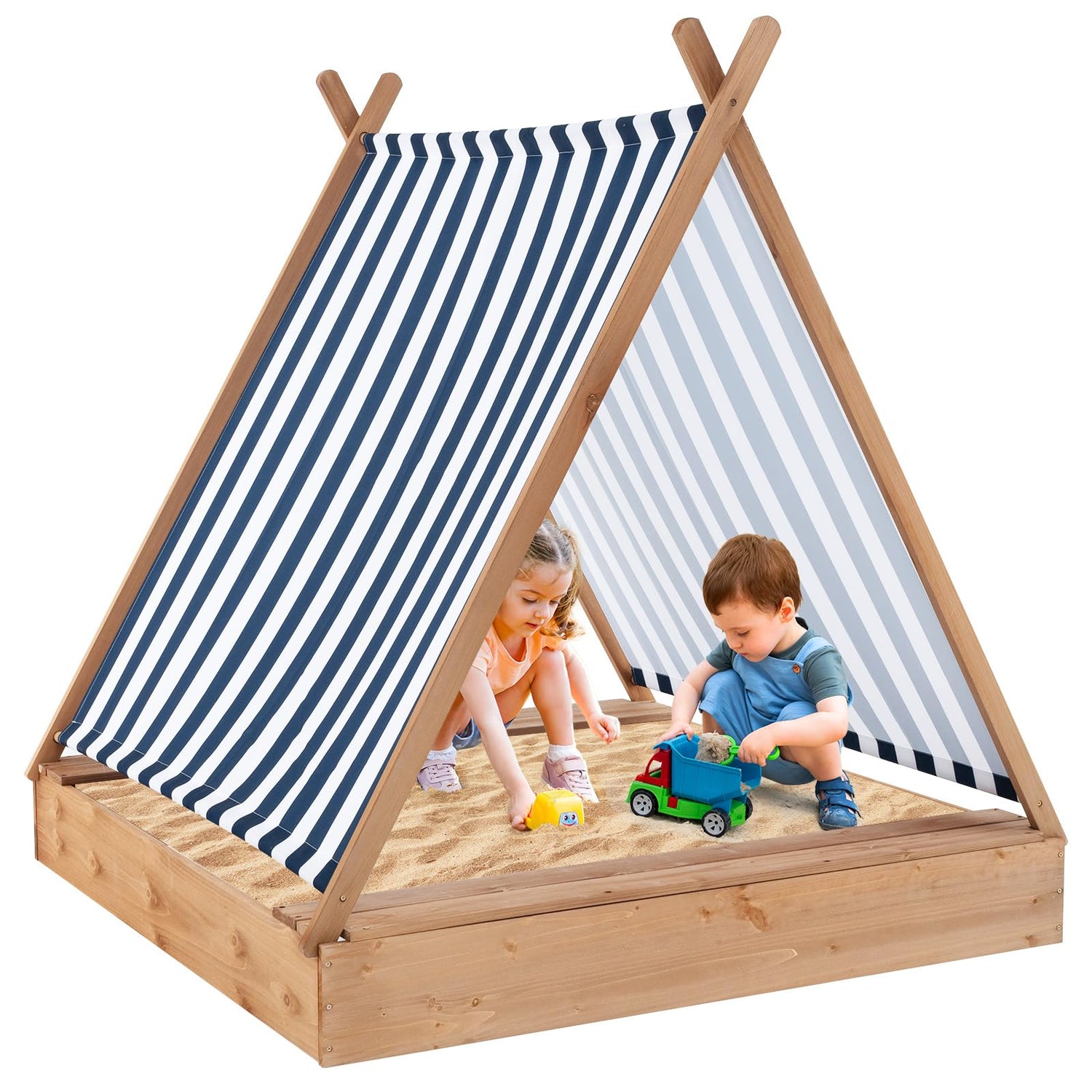 GYMAX Wooden Kids Sandbox with Detachable Canopy & 2 Bench Seats