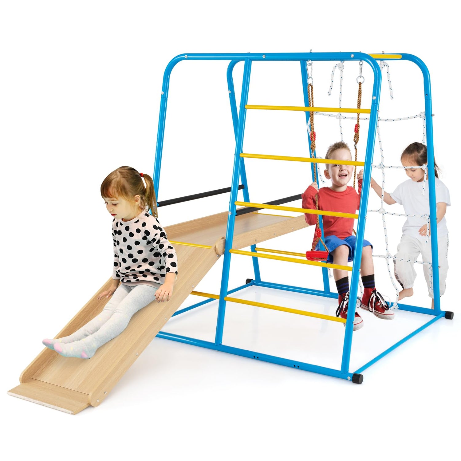 6-in-1 Indoor Jungle Gym Metal Climber with Slide and Monkey Bars