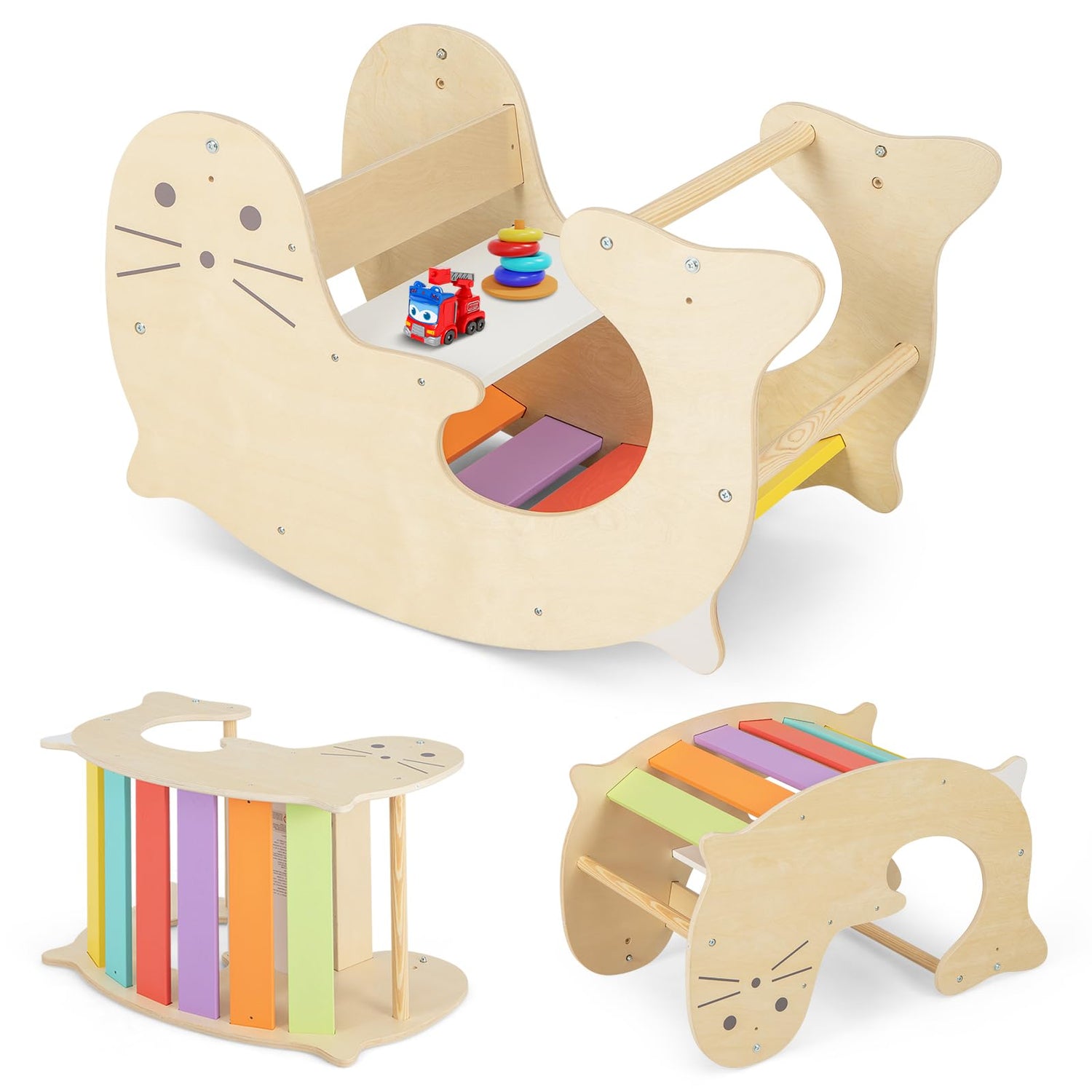 3 in 1 Kids Wooden Arch Climbing Frame with Sea Lion Pattern