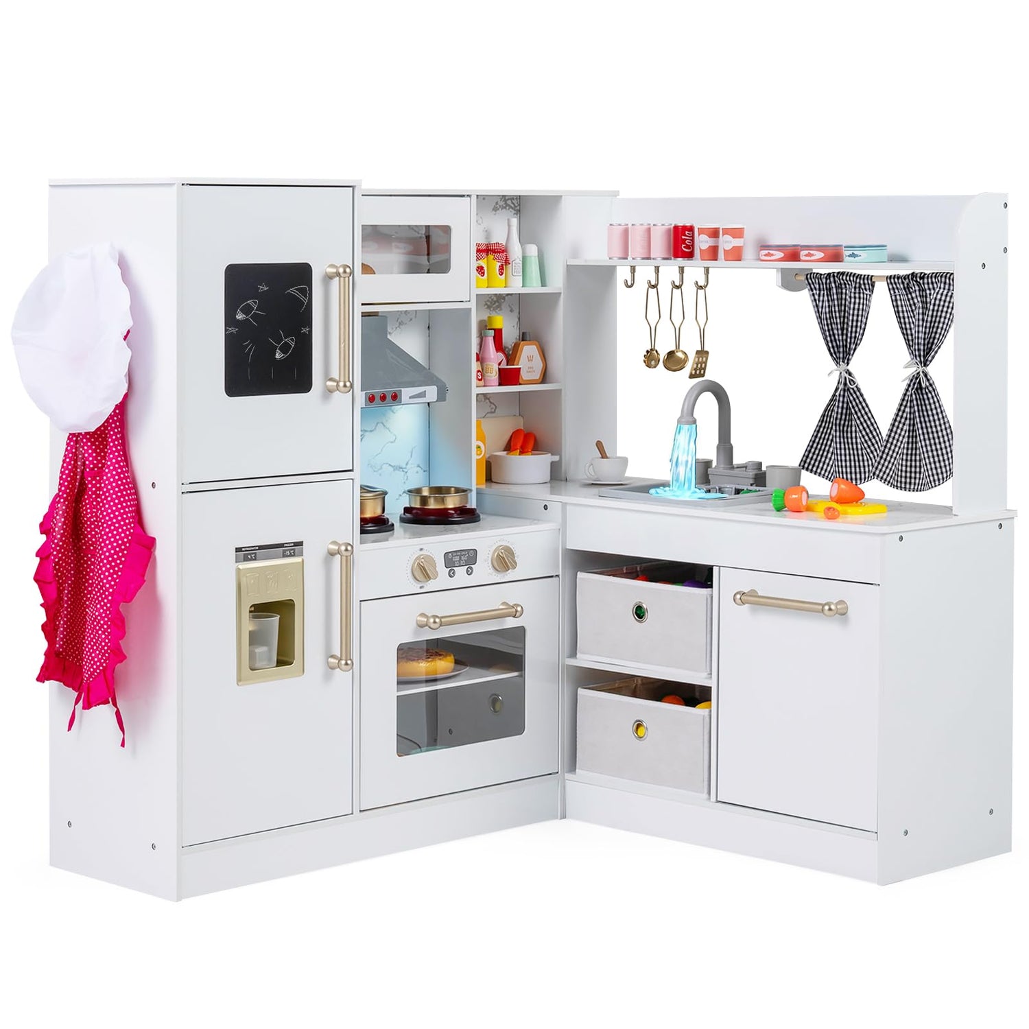 GYMAX Kids Corner Kitchen, Wooden Play Kitchen with Stoves, Microwave, Oven, Telephone, Range Hood, Ice Maker, Chalkboard