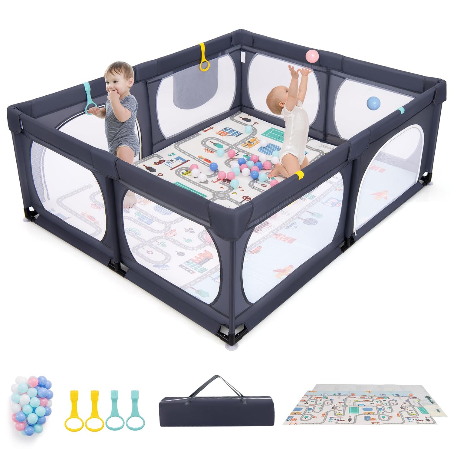 Baby Playpen with Mat, 189 x 158cm Toddler Fence Safety Play Yard