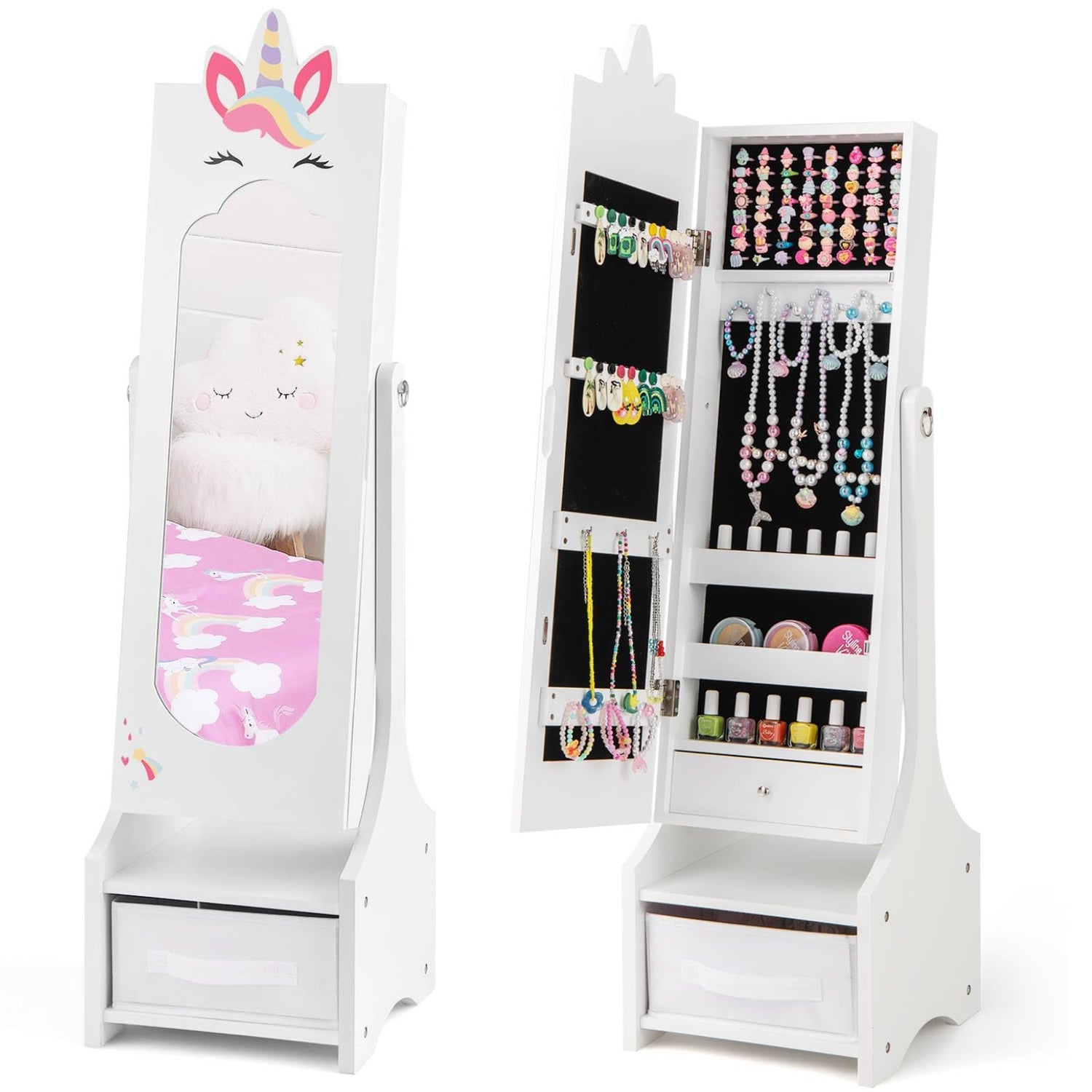 GYMAX Kids Jewelry Cabinet with Full-Length Mirror