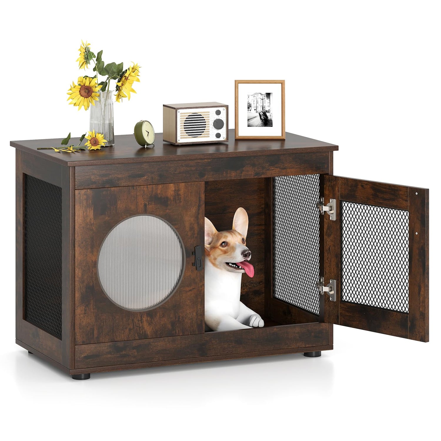 Dog Crate Furniture, Wooden Dog Cage with Chew-proof Metal Mesh