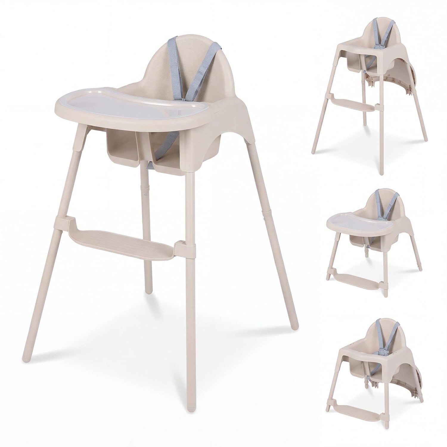4-in-1 Convertible Baby High Chair with 2 Heights Removable Double Tray