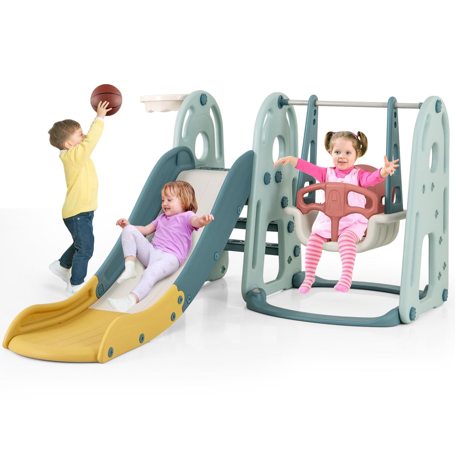GYMAX 4-in-1 Green Children Climber and Swing Set with Basketball Hoop