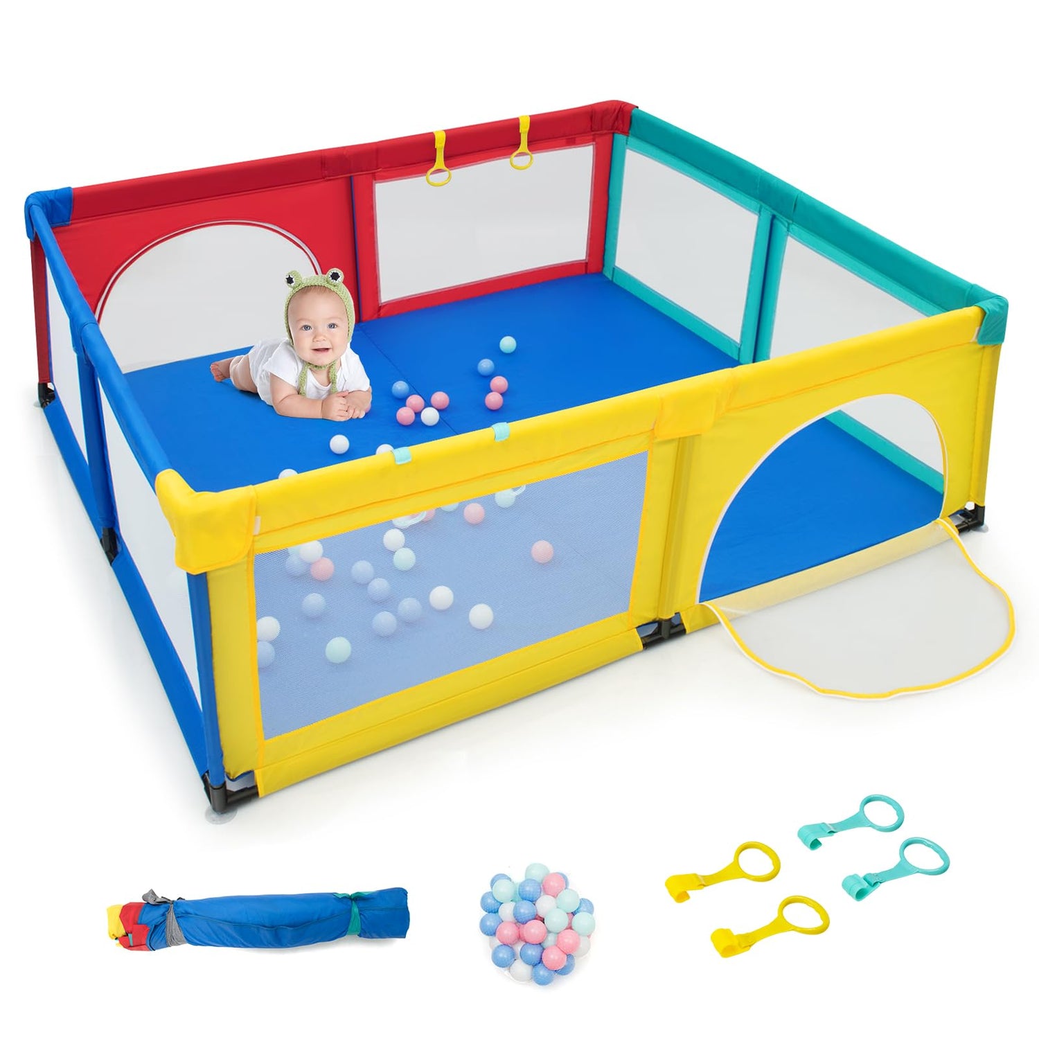 GYMAX Baby Playpen, 206 x 186cm Large Toddler Fence Play Yard with 50 Ocean Balls