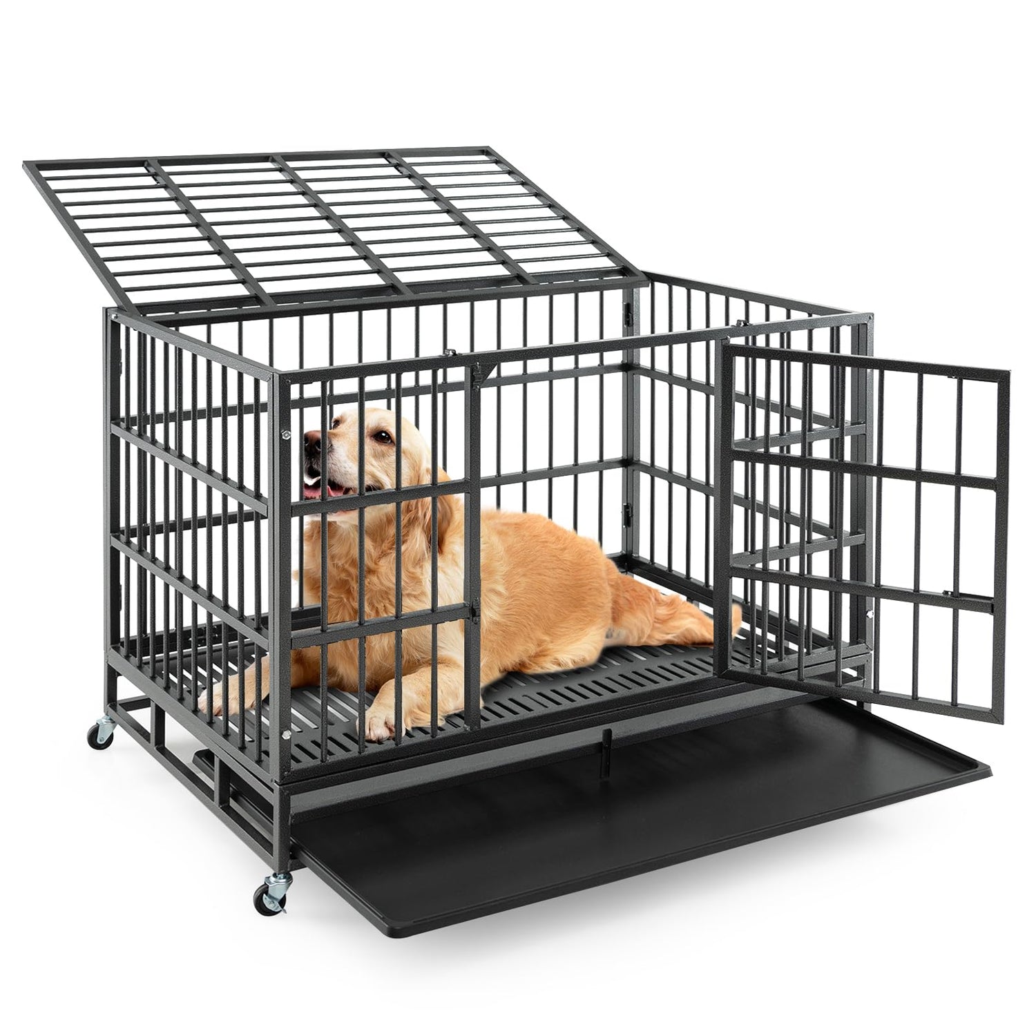 Indoor Outdoor Foldable Dog Kennel Crate Lockable Wheels and Doors