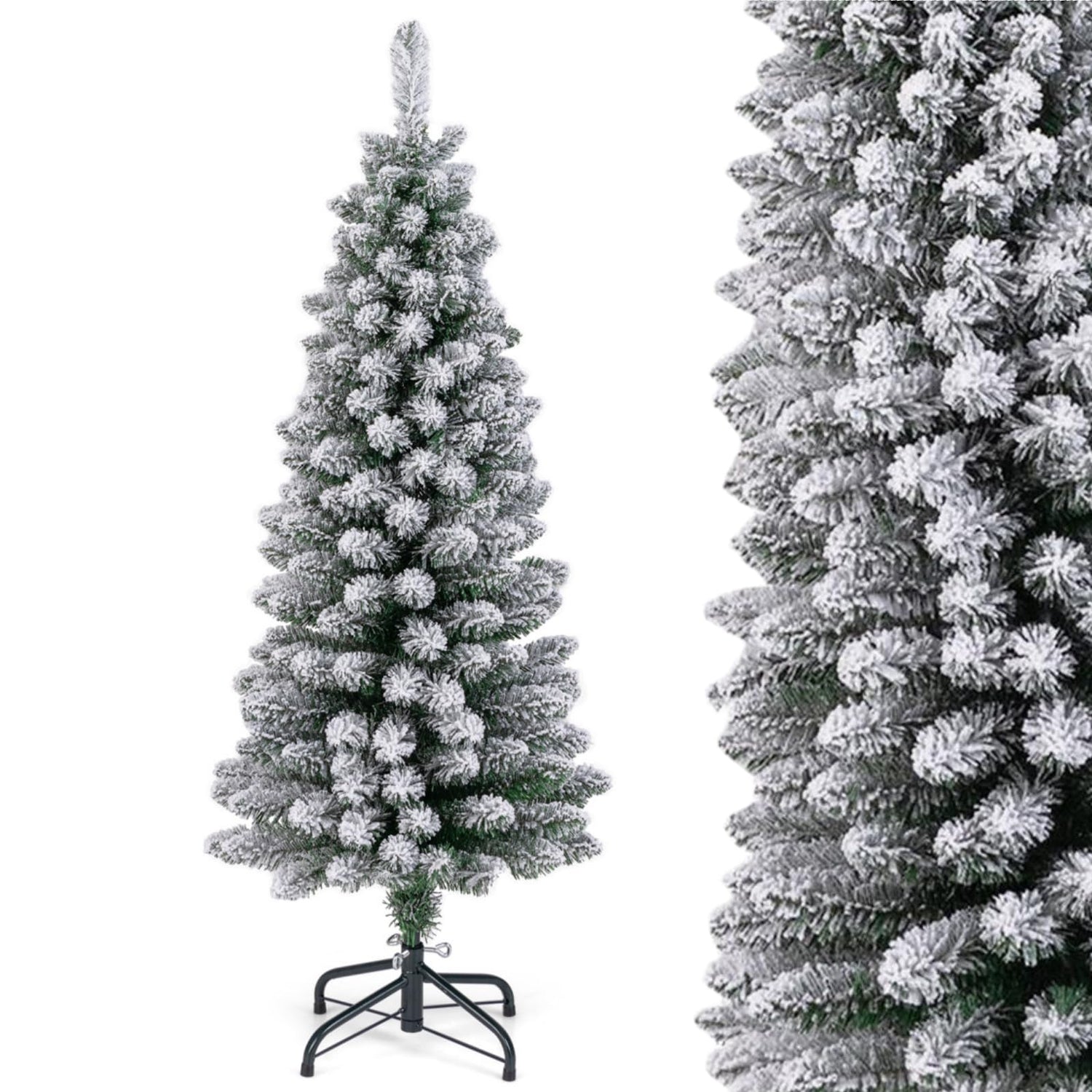 GYMAX Snow Flocked Slim Pencil Xmas Tree with 240/328Branch Tips