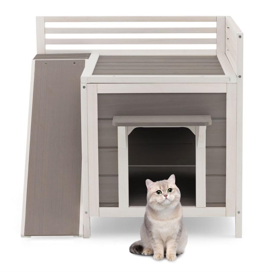 GYMAX Cat House, 2-Tier Weatherproof Kitten Shelter with Escape Doors, PVC Curtains, Cat Balcony and Wide Side Ladder