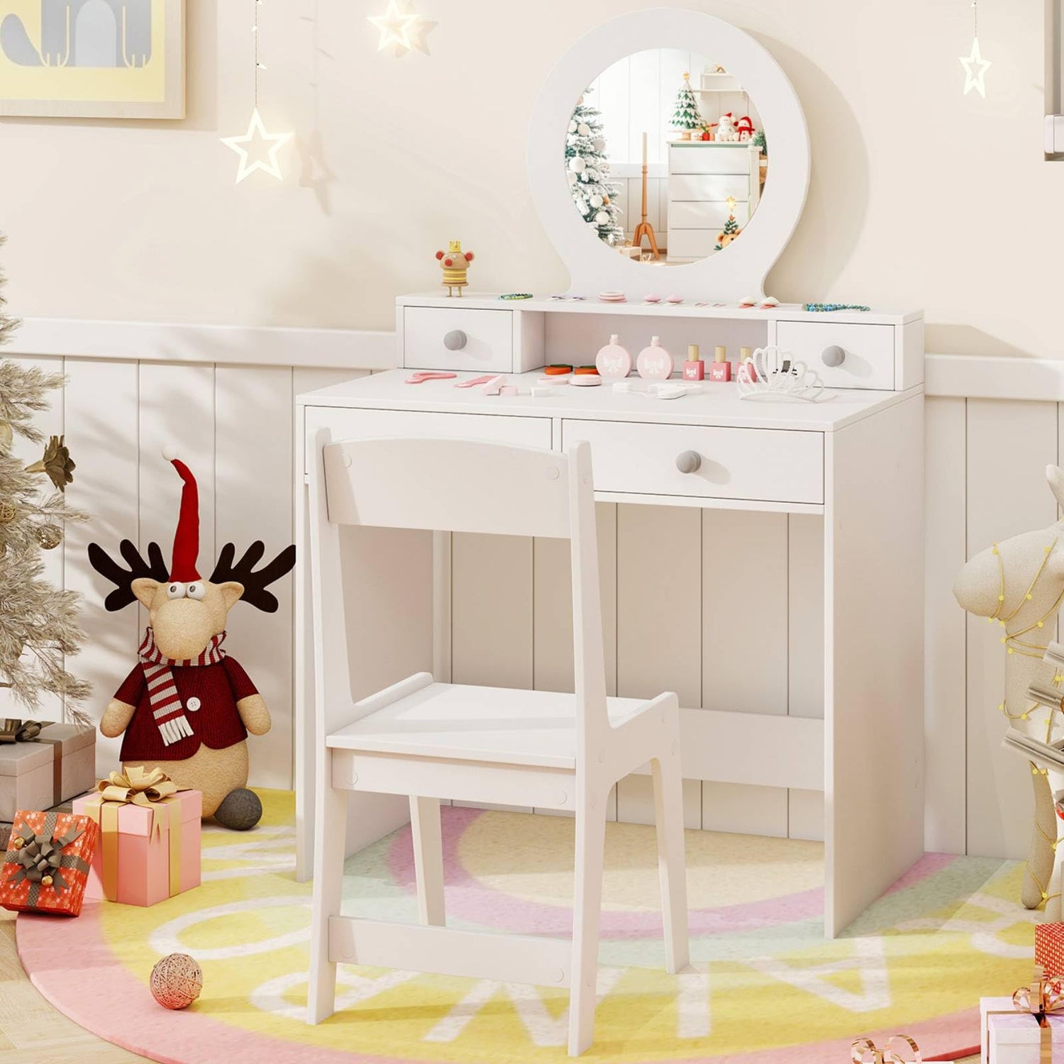 GYMAX Kids Vanity Table and Chair Set with Mirror