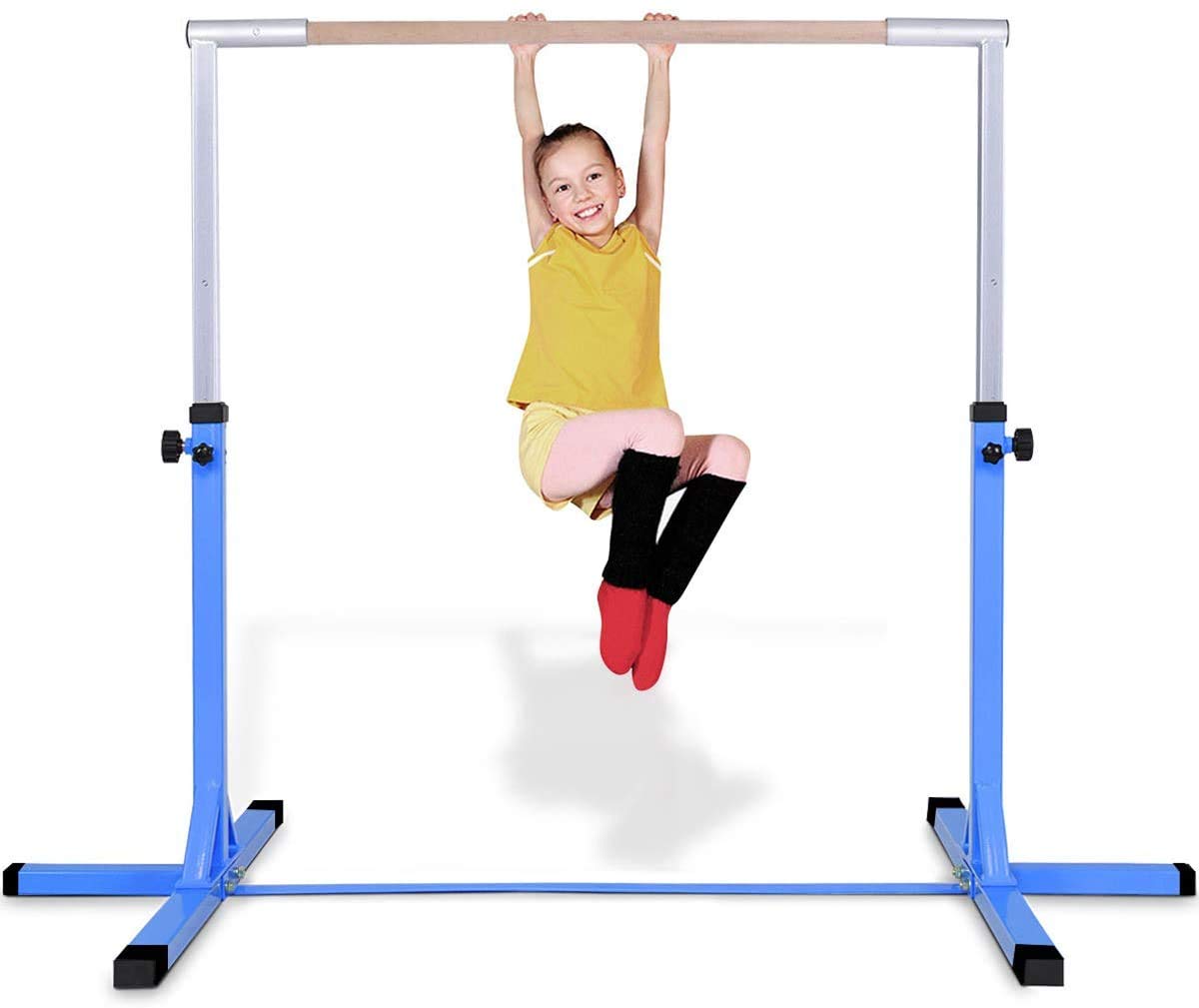GYMAX Kids Adjustable Gymnastics Horizontal Bar, Children Sport Training Bar with Durable Beech Wood Bar and Steel Pole