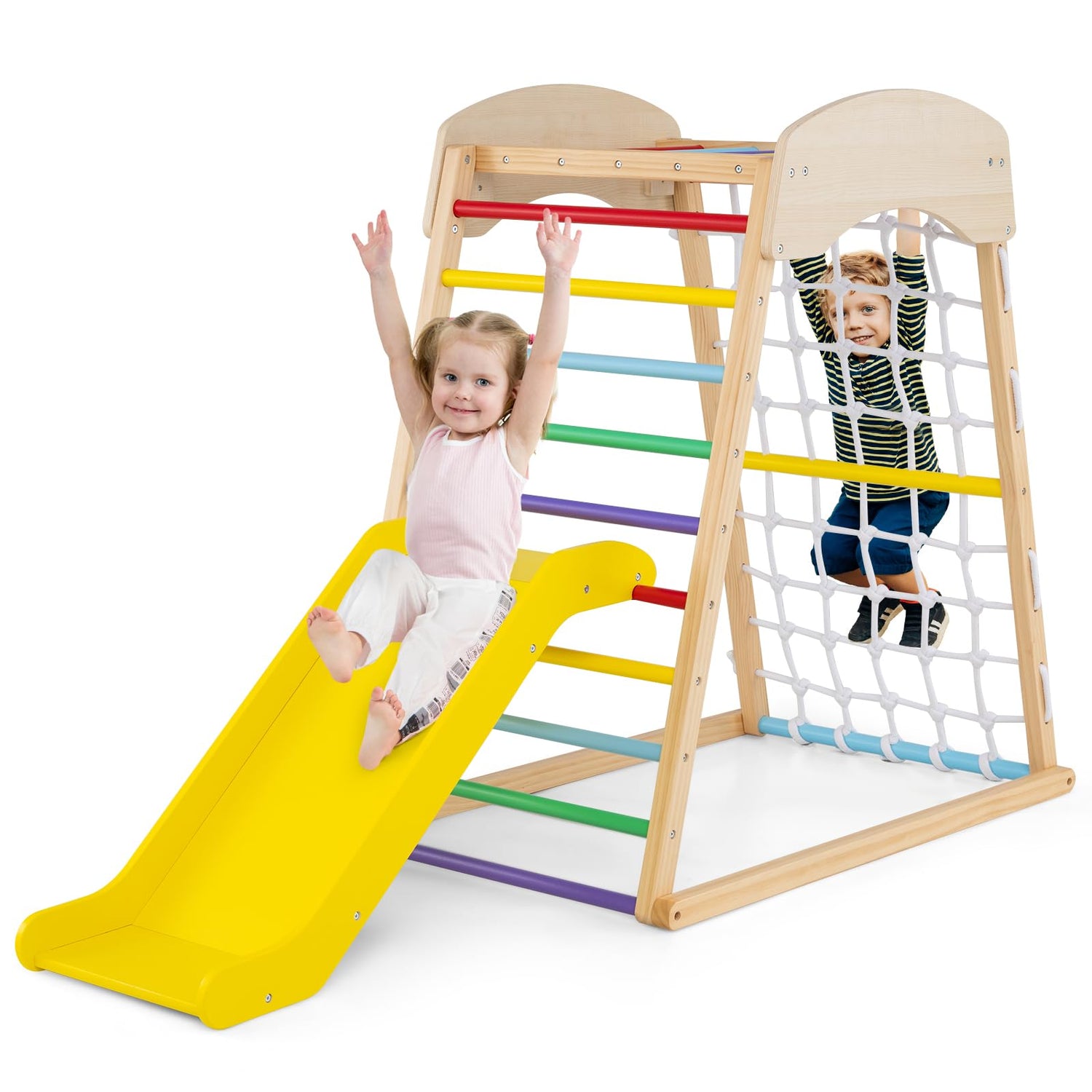 GYMAX 4 in 1 Kids Climbing Set, Wooden Toddler Climber with Adjustable Slide