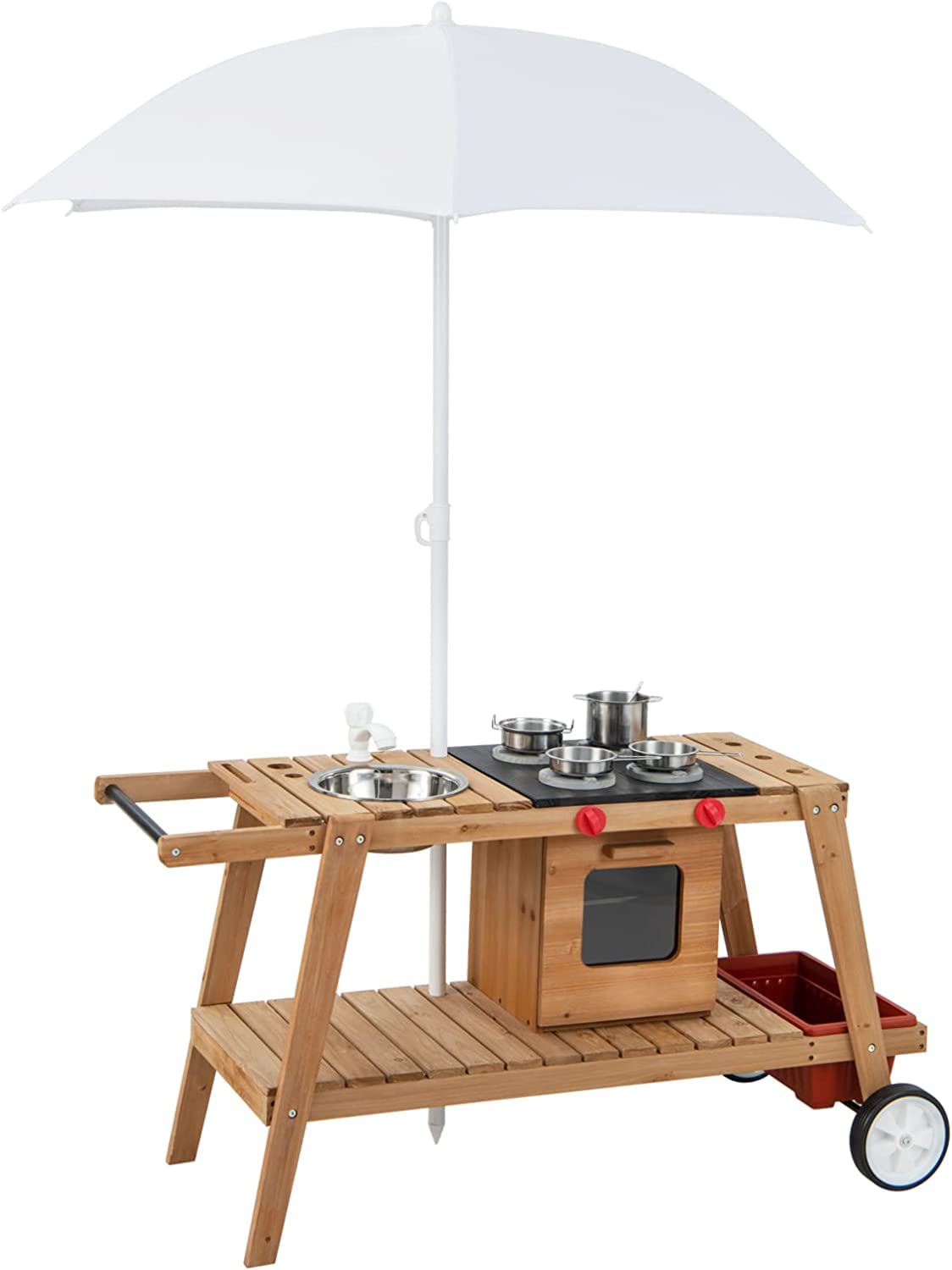 GYMAX Kids Mud Kitchen, Outdoor Wooden Toy Kitchen with Removable Umbrella