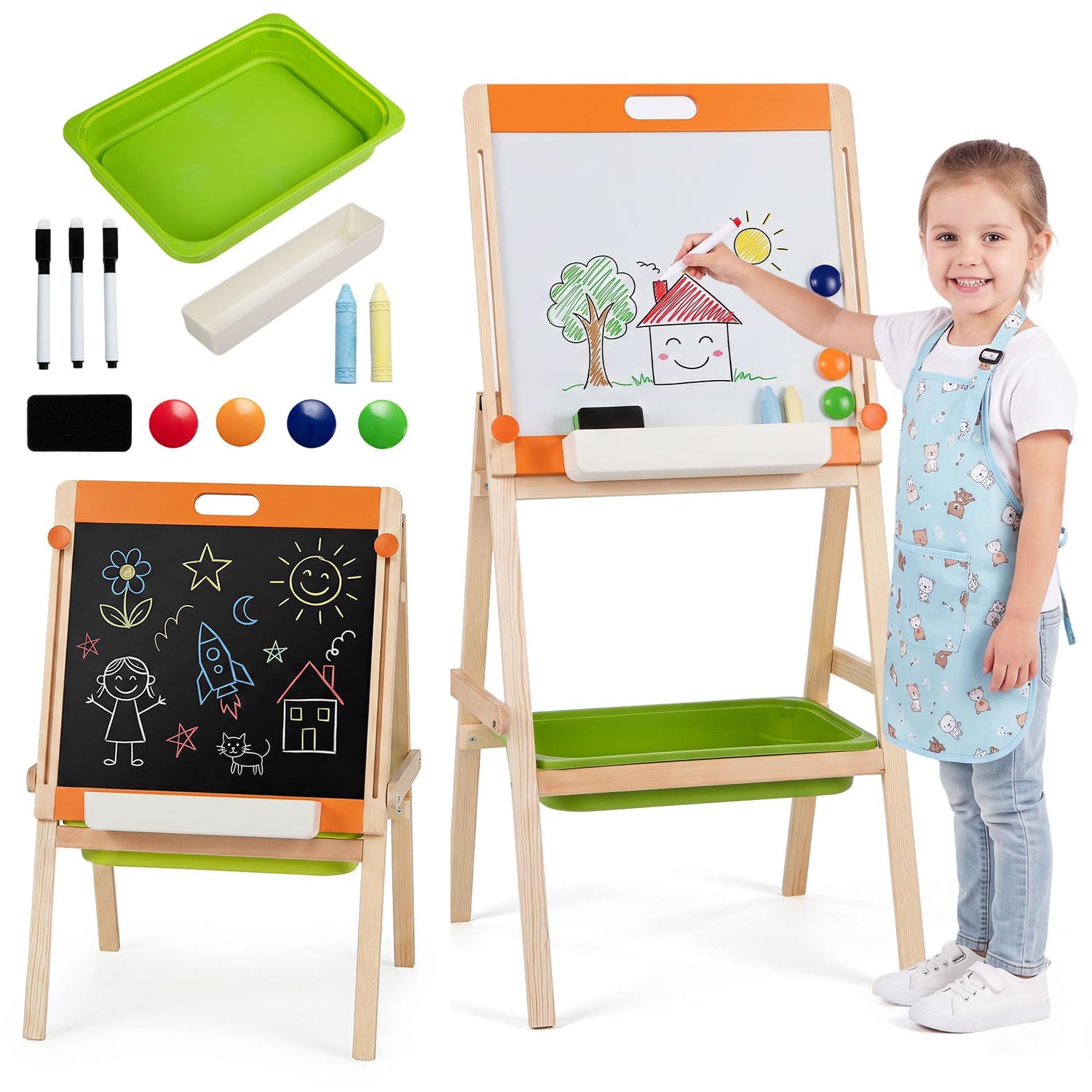 2 in 1 Kids Easel, Double-Sided Easel with Adjustable Whiteboard