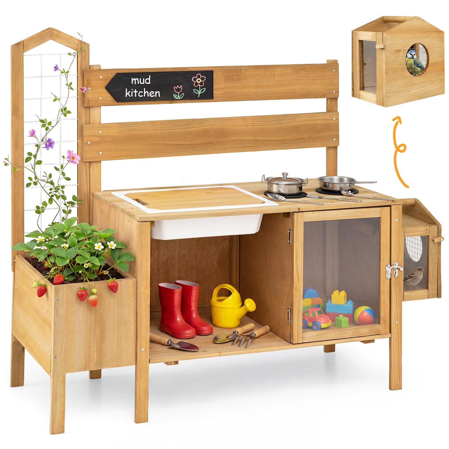 Wooden Chef Pretend Kitchen Playset with Detachable Bird Cage