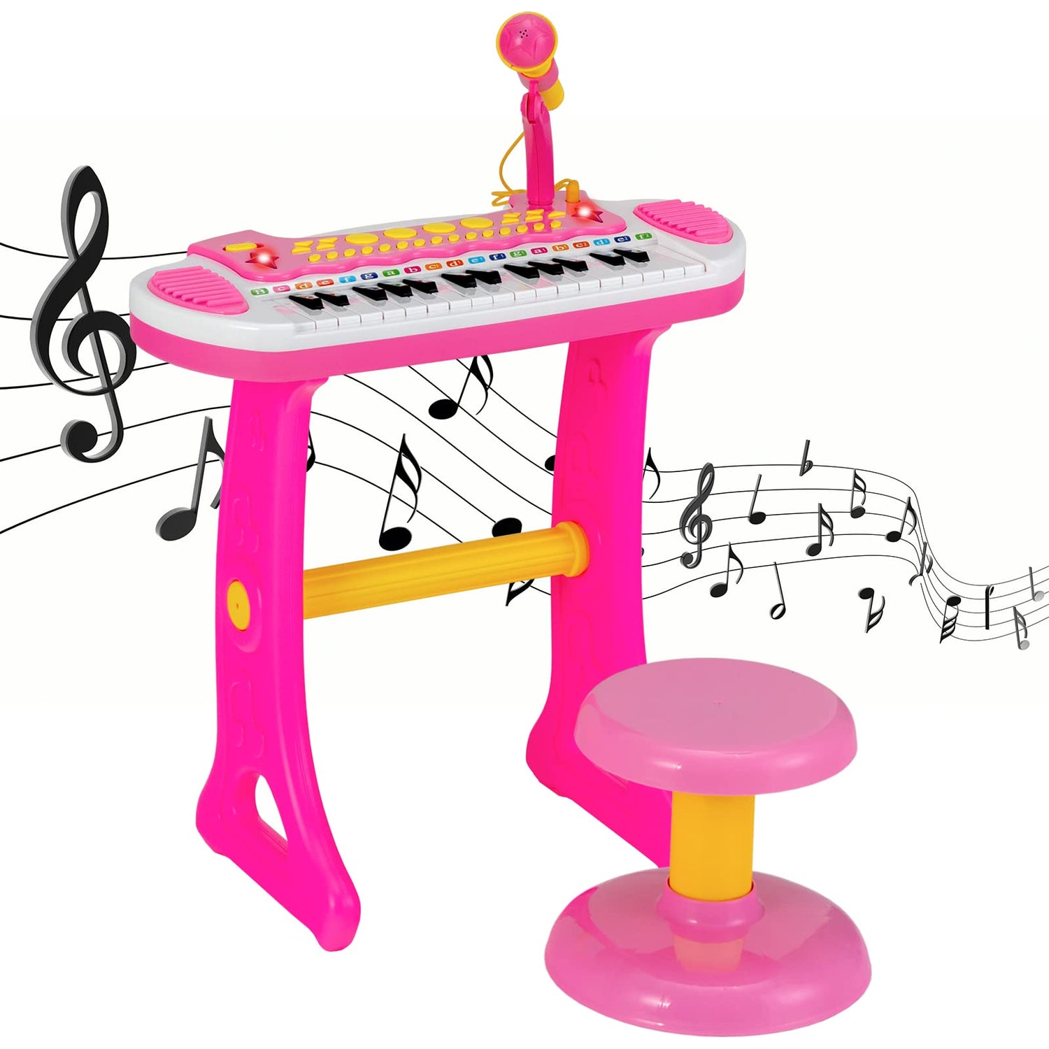 GYMAX 31 Keys Kids Piano and Stool with Adjustable Microphone