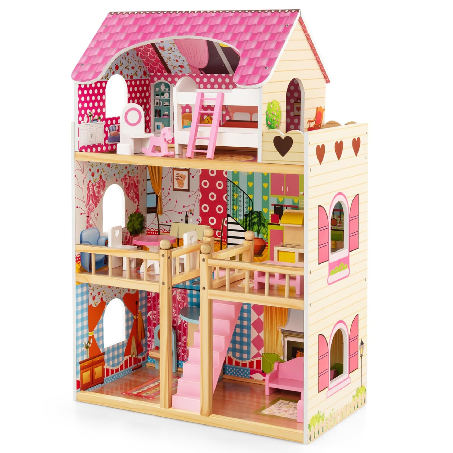 GYMAX Kids Dollhouse, 3 Storey Fully Furnished House Playset with 6 Simulated Rooms & 15 Furniture Accessories