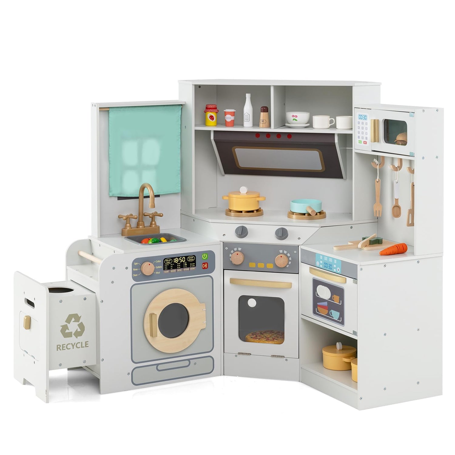 Kids Play Kitchen, Wooden Corner Pretend Kitchen with Lights & Sounds, Pull-Out Trash Can
