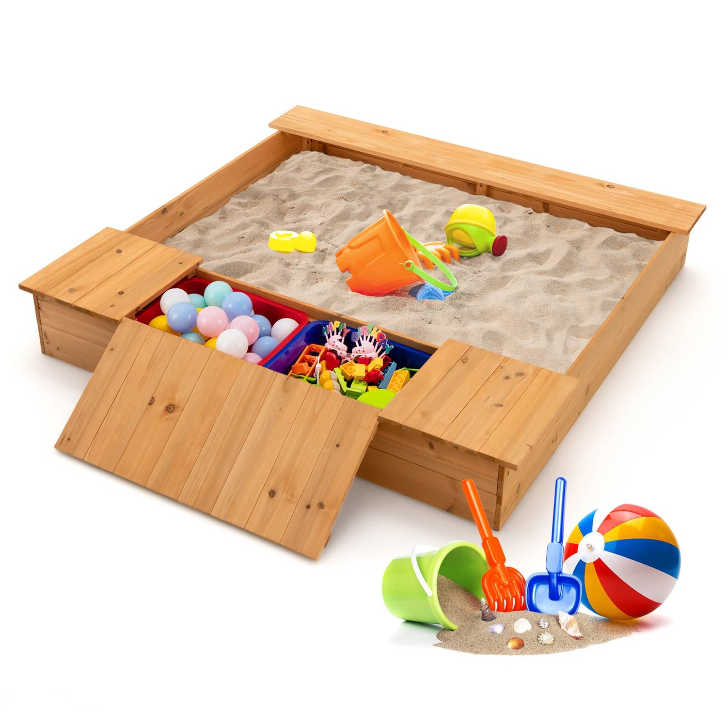 Outdoor Wooden Kids Sandbox with Bench Seat and 2 Removable Boxes