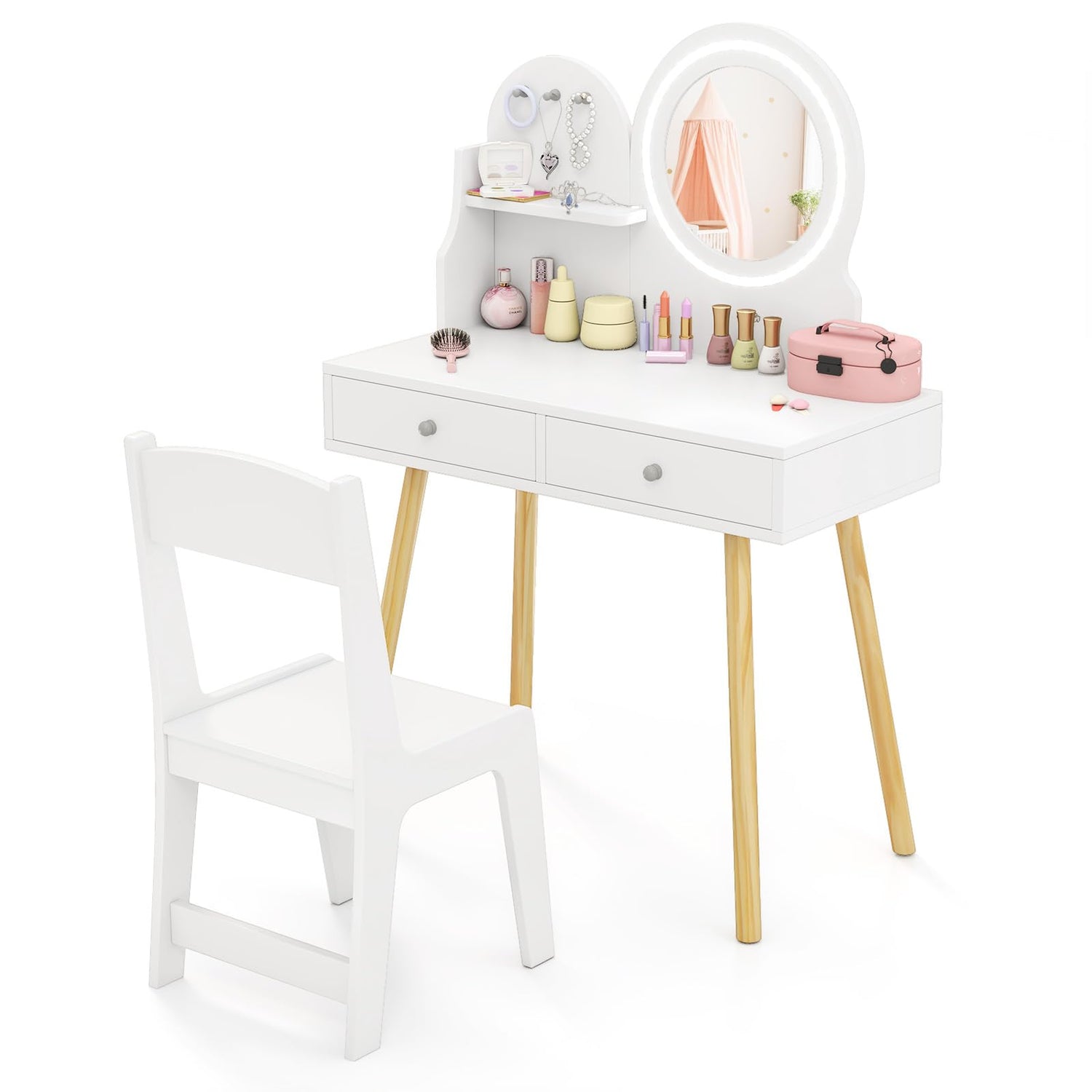 GYMAX Kids Vanity Table and Chair with 2-Color LED Lighted Mirror